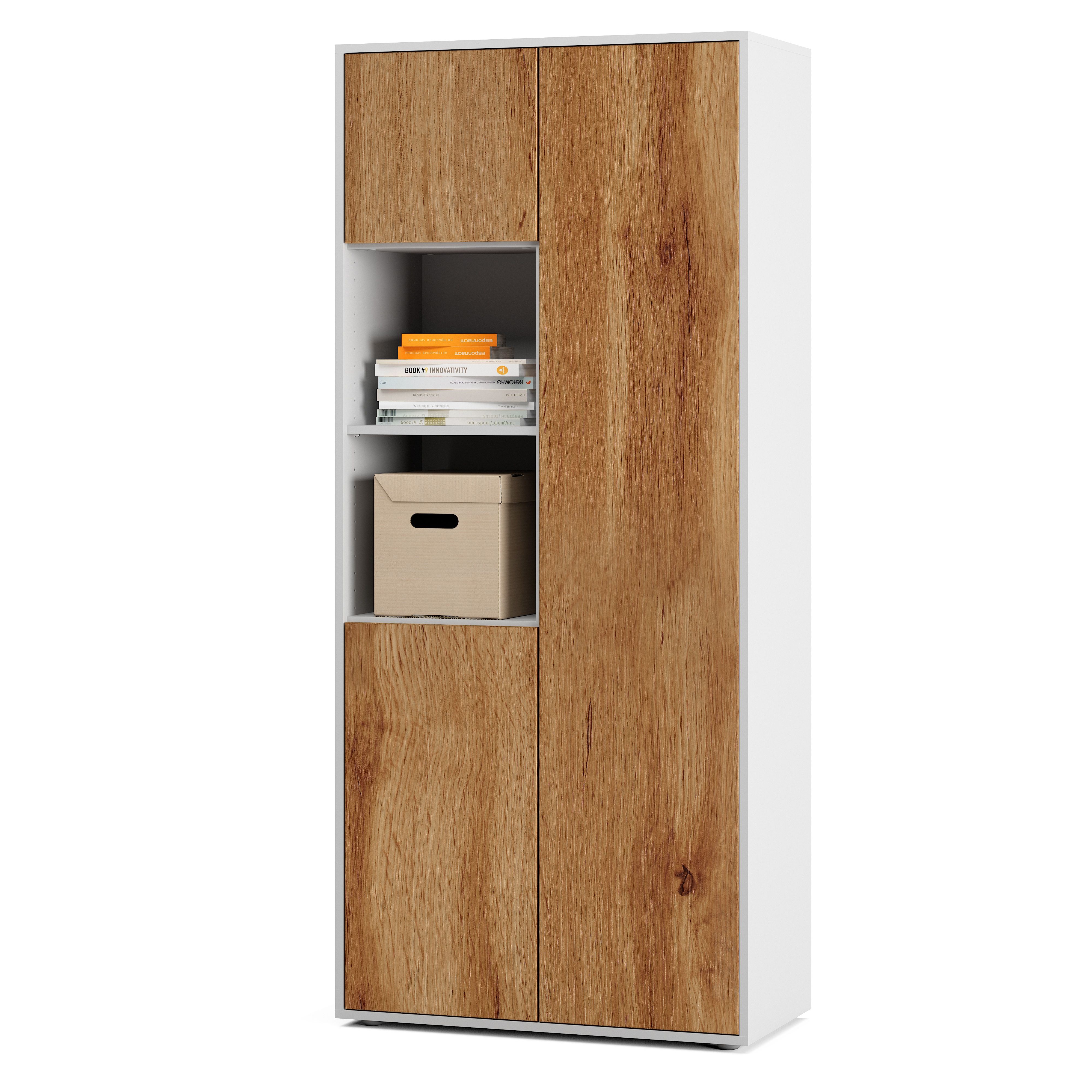 Büroschrank Amira T20 | mit 2 offenen Fächern | Aktenschrank & Mehrzweckschrank in Korpus Weiß & Front Eiche Wotan | Push-to-Open | 180x80x40 cm
