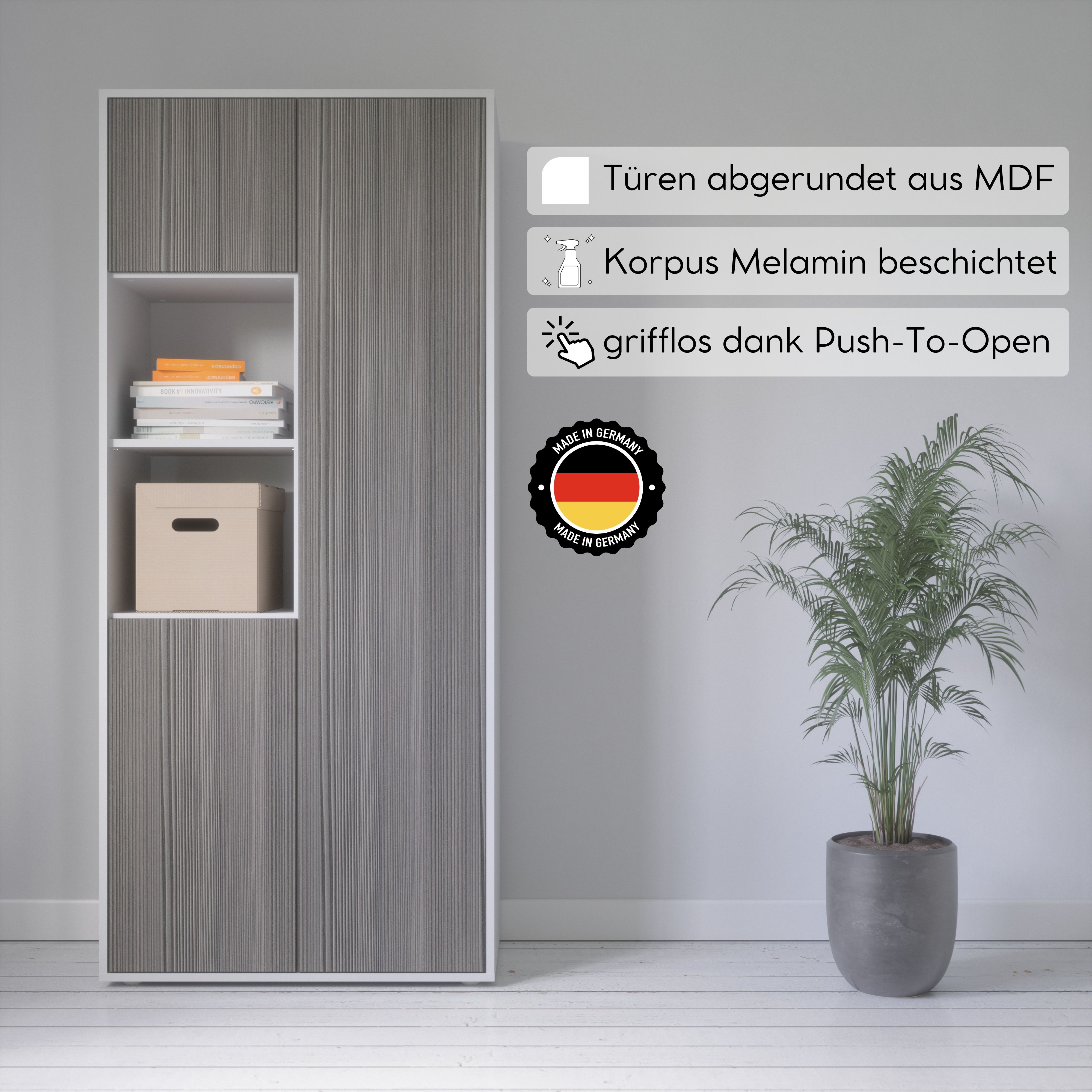 Büroschrank Amira T20 | mit 2 offenen Fächern | Aktenschrank & Mehrzweckschrank in Korpus Weiß & Front Avola Anthrazit | Push-to-Open | 180x80x40 cm