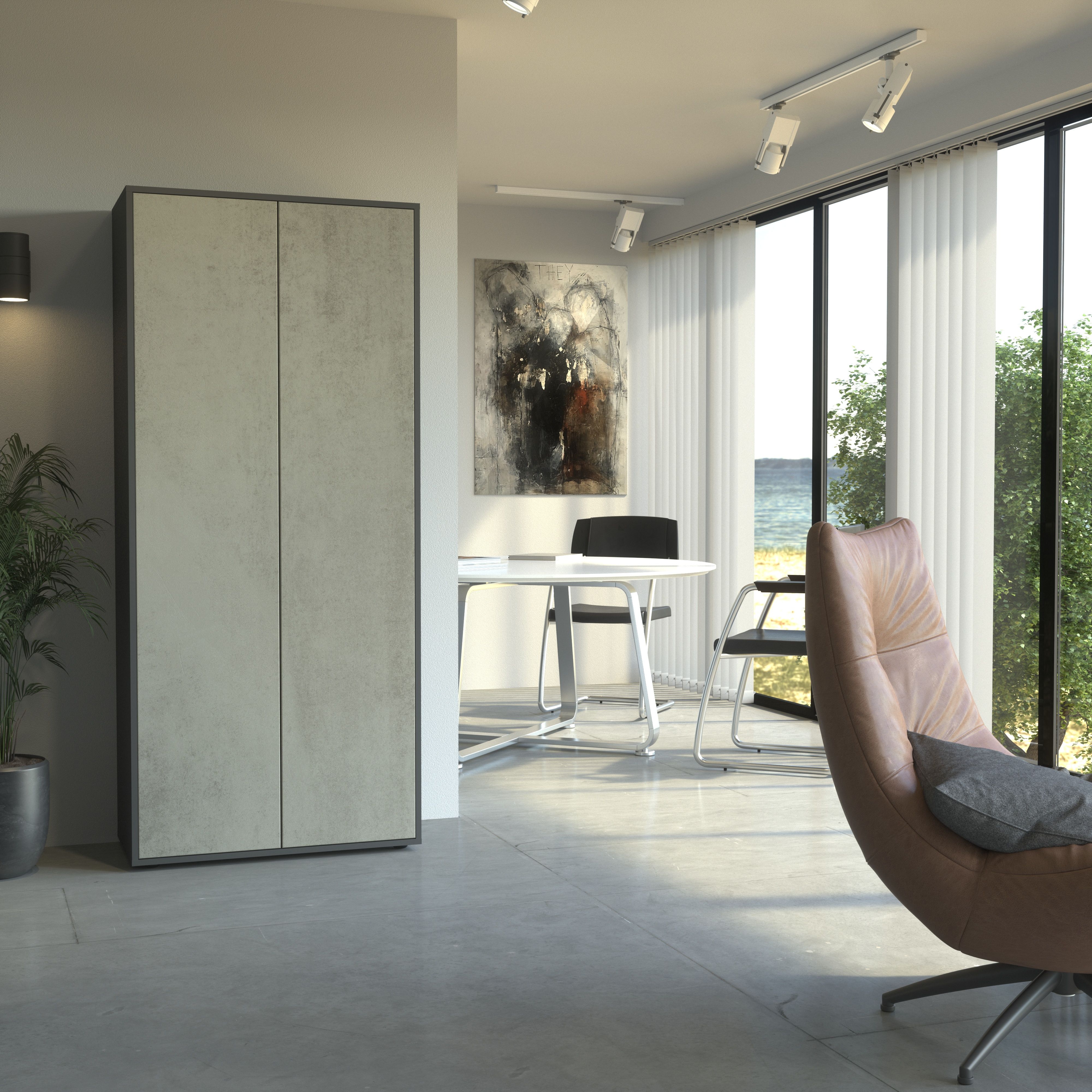 Büroschrank Amira T00, geschlossener Schrank mit 2 großen Türen, Anthrazit Korpus, Fronten in Beton Oxid, Push-to-Open, 180x80x40 cm, Aktenregal für Büro und Homeoffice