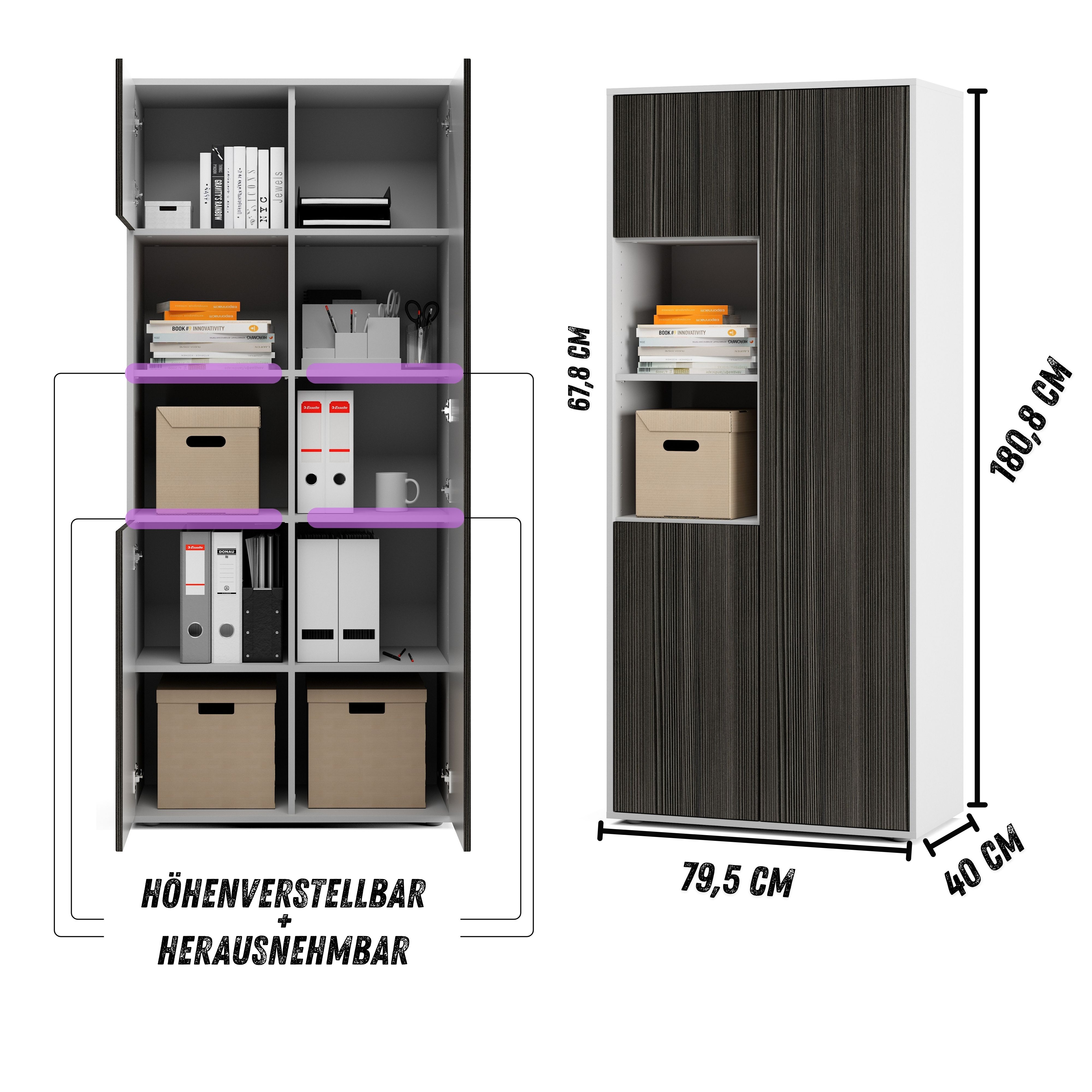 Büroschrank Amira T20 | mit 2 offenen Fächern | Aktenschrank & Mehrzweckschrank in Korpus Weiß & Front Avola Anthrazit | Push-to-Open | 180x80x40 cm