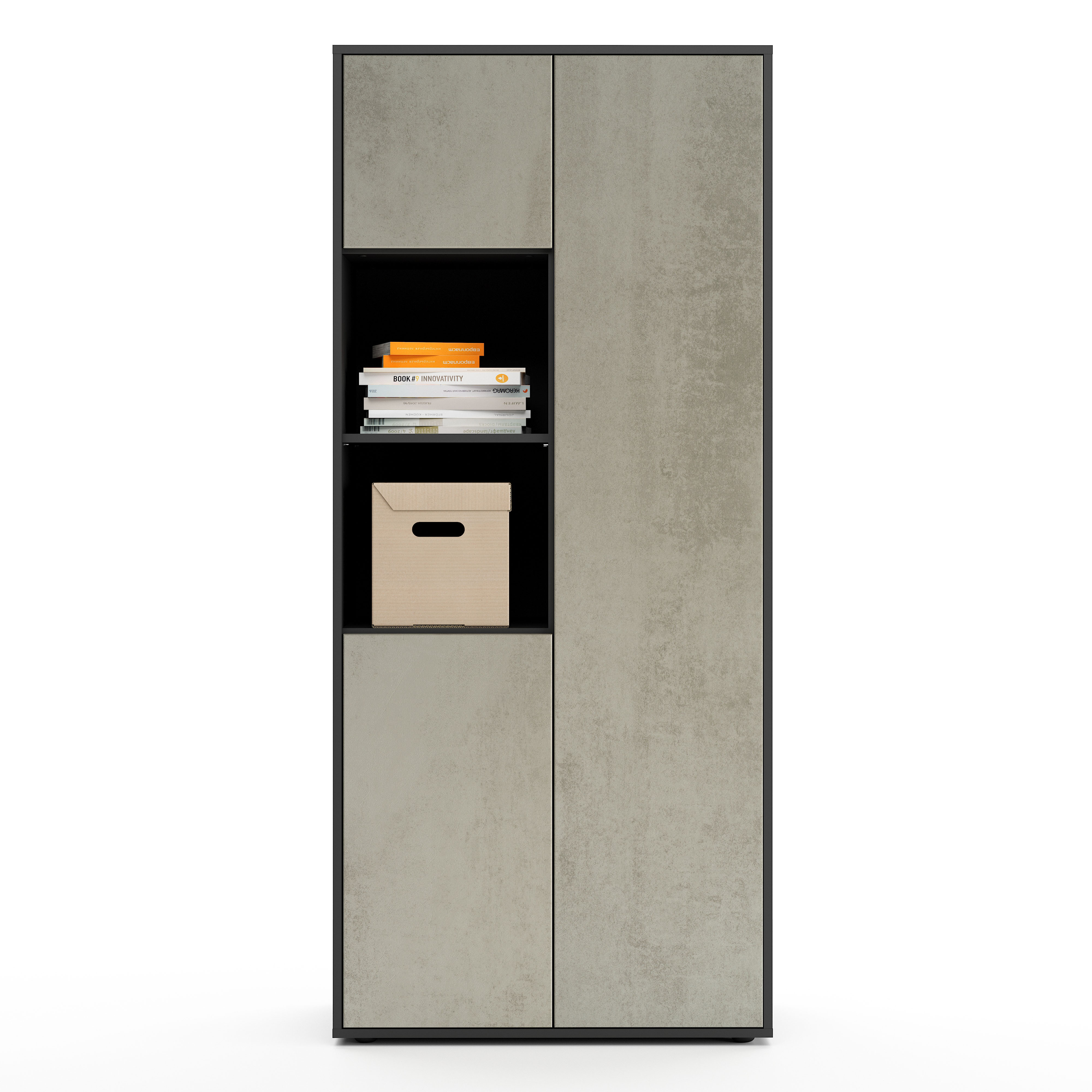 Büroschrank Amira T20, Schrank mit Zwei offenen Fächern, Anthrazit Korpus, Fronten in Beton Oxid , Push-to-Open, 180x80x40 cm, Büroschrank für Büro und Homeoffice