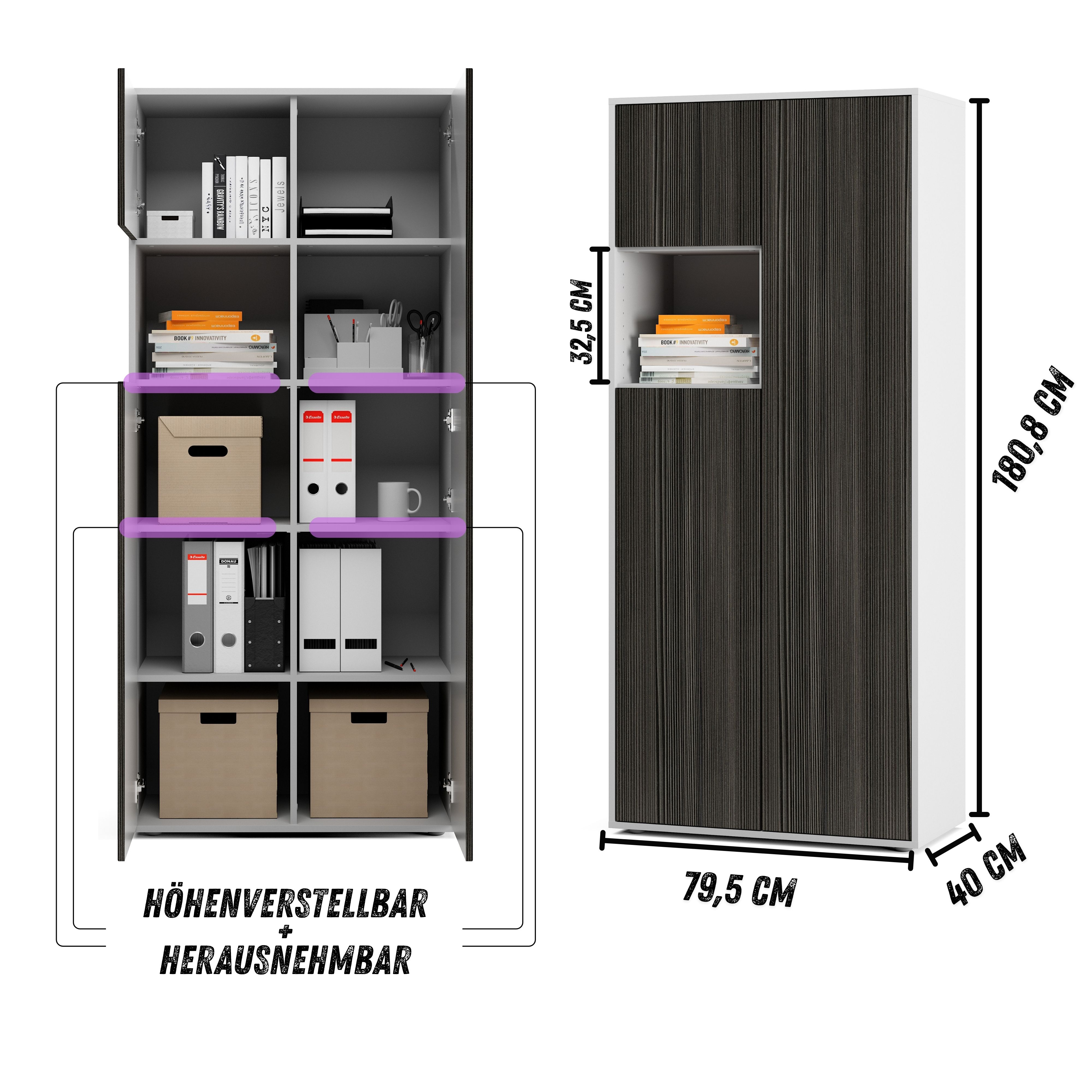 Büroschrank Amira T10 | Aktenschrank & Mehrzweckschrank mit offenem Fach | Weiß & Avola Anthrazit | Push-to-Open | 180x80x40 cm | Modern für Büro & Homeoffice