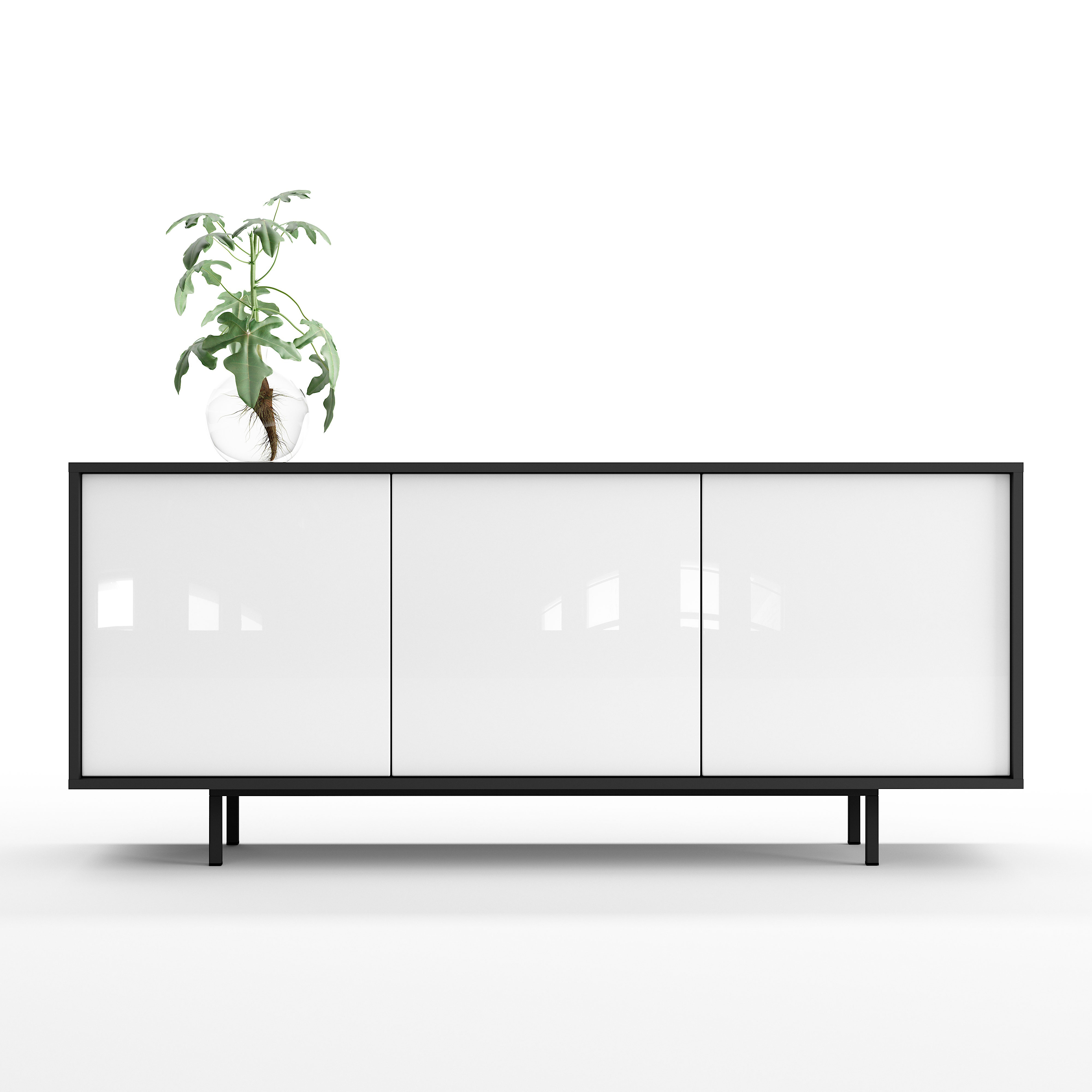 Sideboard Akia Kommode für Wohnzimmer oder Flur in Anthrazit mit Weiß Hochglanz Türen, 154x40x66 cm, Metallfüße, Push-to-Open, modernes Lowboard mit verstellbaren Einlegeböden