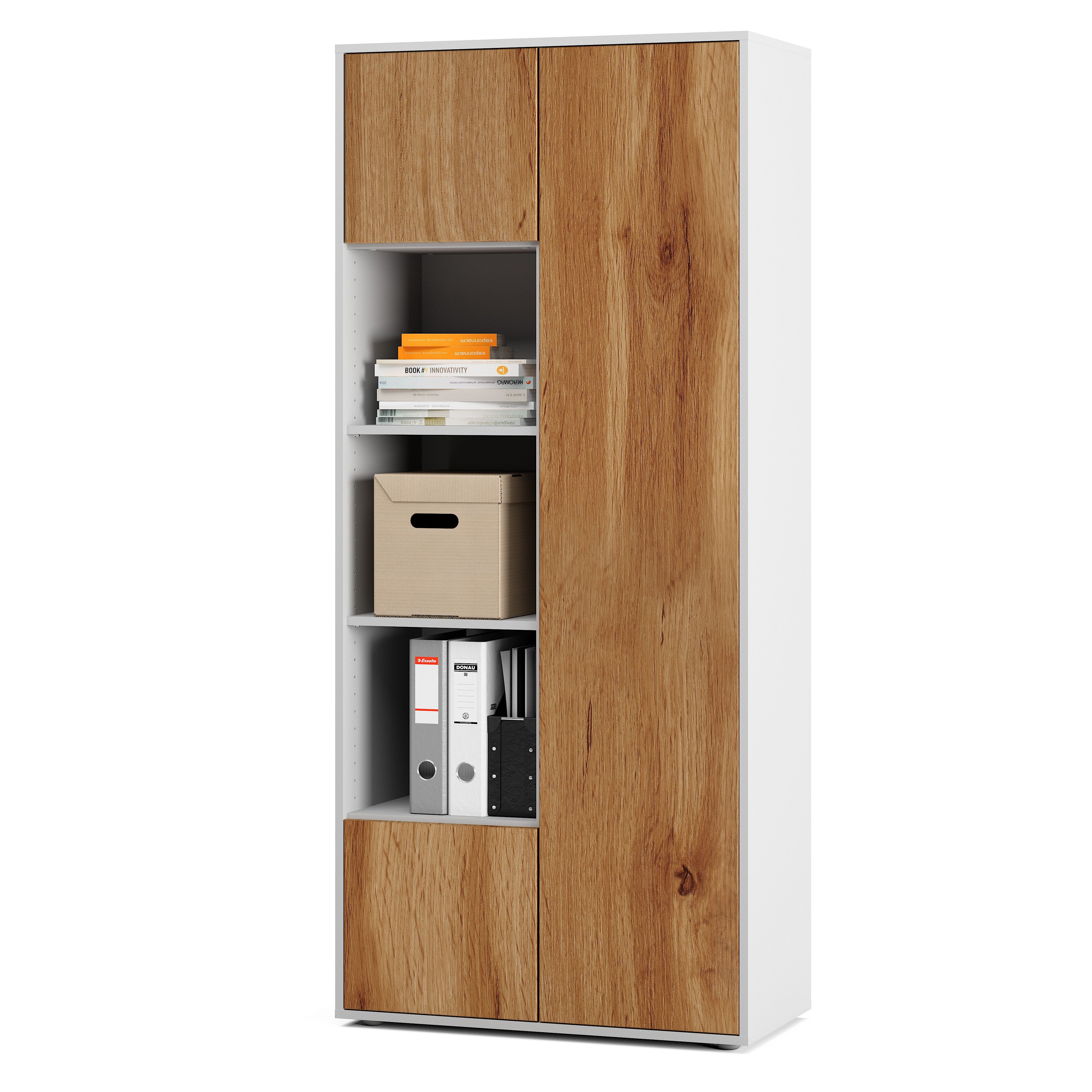 Büroschrank Amira T30 | Aktenschrank & Mehrzweckschrank in Weiß & Eiche Wotan | 3 offene Fächer | Push-to-Open | 181x80x40 cm | für Homeoffice & Büro