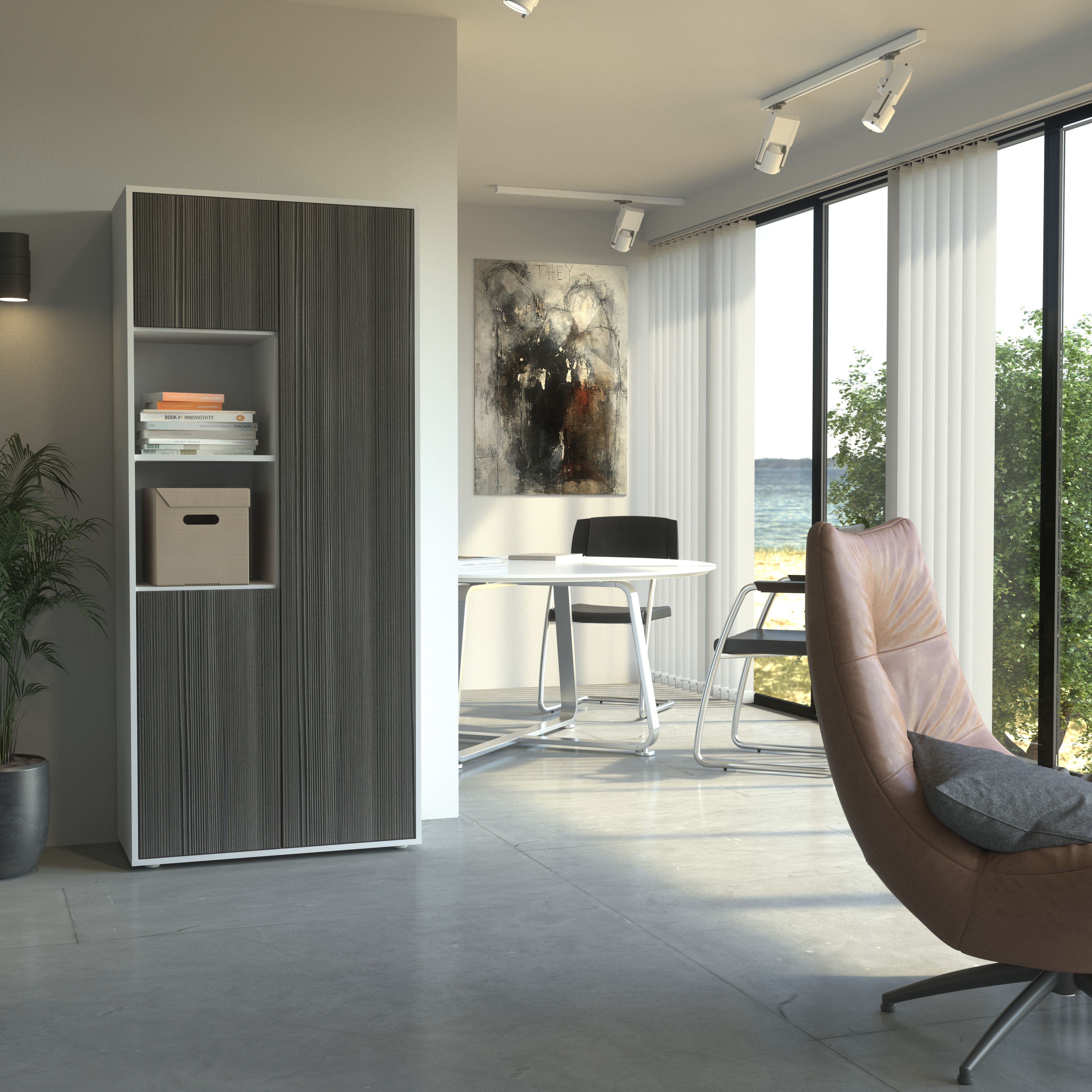 Büroschrank Amira T20 | mit 2 offenen Fächern | Aktenschrank & Mehrzweckschrank in Korpus Weiß & Front Avola Anthrazit | Push-to-Open | 180x80x40 cm