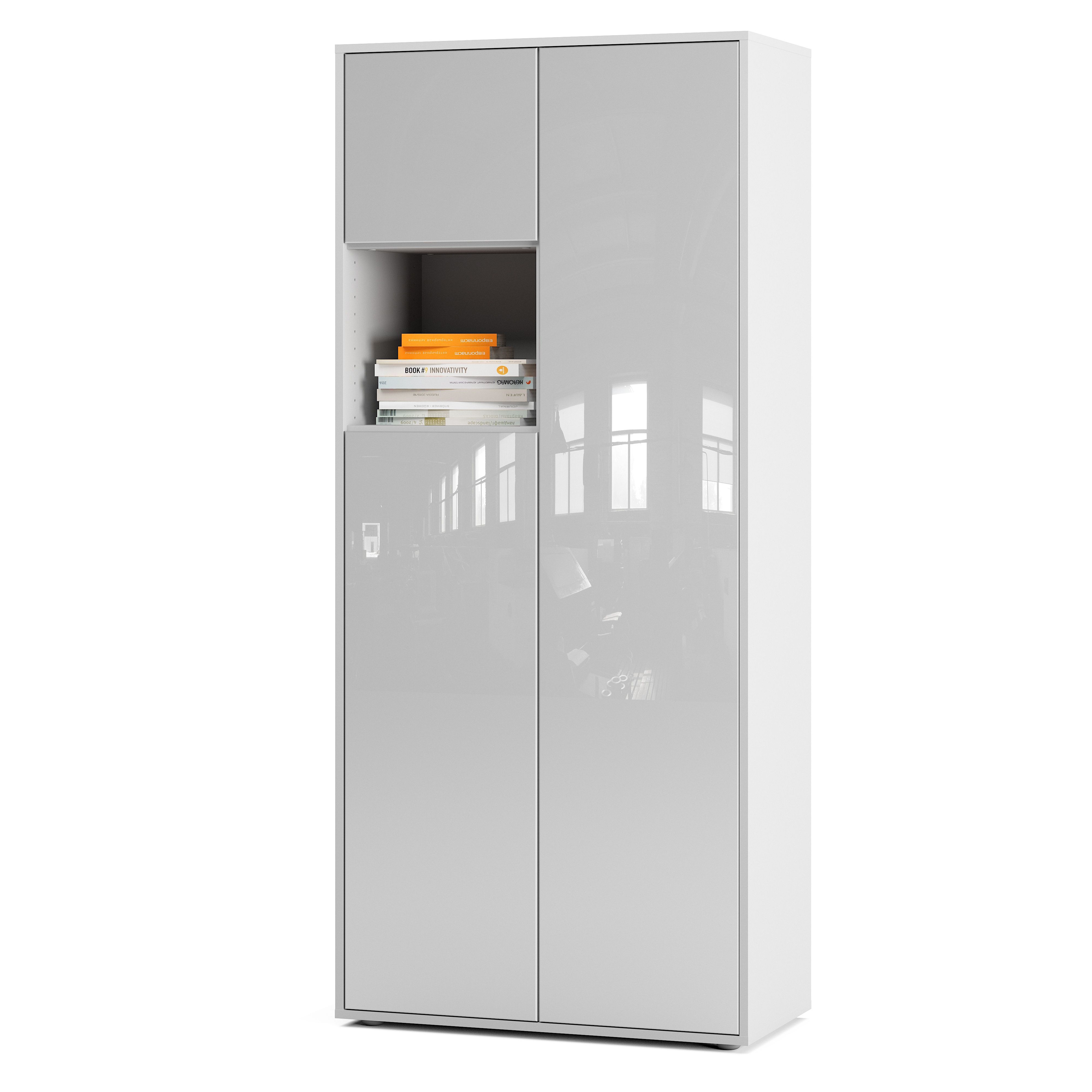Büroschrank Amira T10 | Aktenschrank & Mehrzweckschrank mit offenem Fach | Weiß & Weiß Hochglanz | Push-to-Open | 180x80x40 cm | Modern für Büro & Homeoffice | Weiß Hochglanz