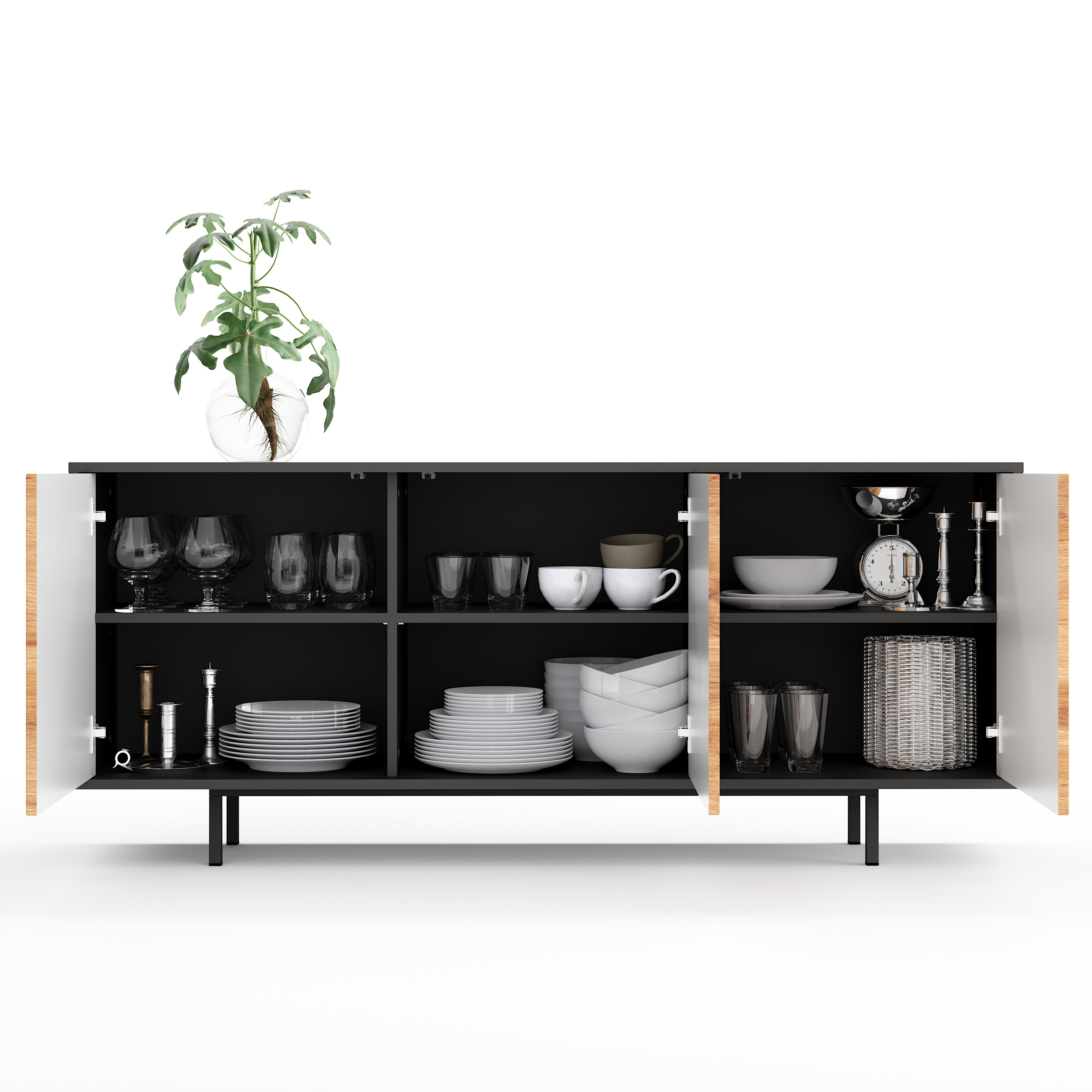 Sideboard Akia Kommode für Wohnzimmer oder Flur in Anthrazit mit Eiche Wotan Türen, 154x40x66 cm, Metallfüße, Push-to-Open, modernes Lowboard mit verstellbaren Einlegeböden