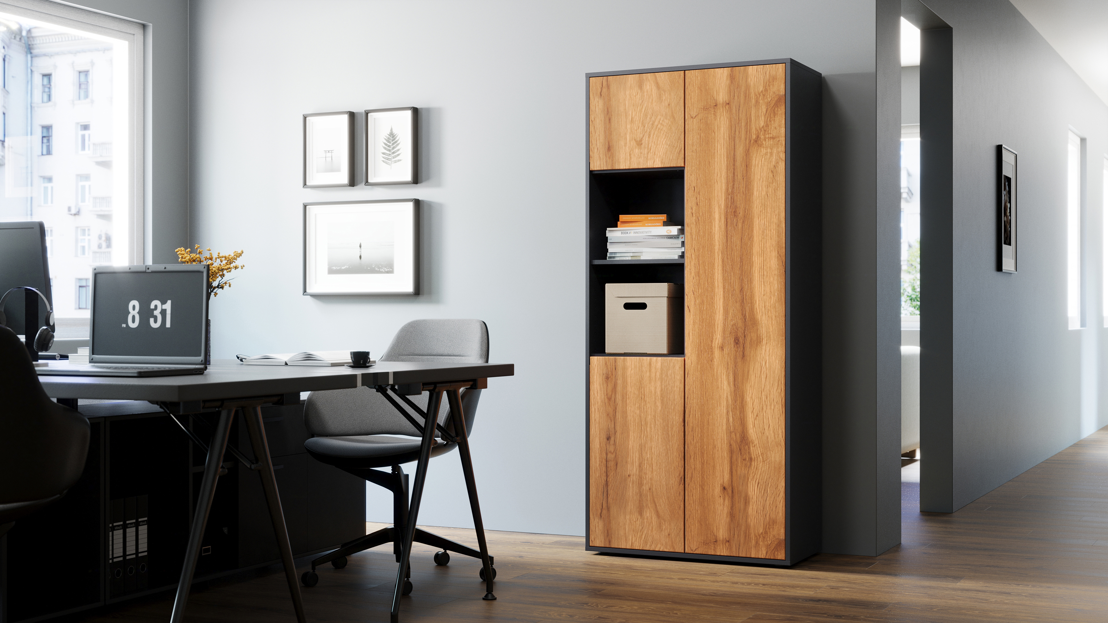 Büroschrank Amira T20, Schrank mit Zwei offenen Fächern, Anthrazit Korpus, Fronten in Eiche Wotan , Push-to-Open, 180x80x40 cm, Büroschrank für Büro und Homeoffice