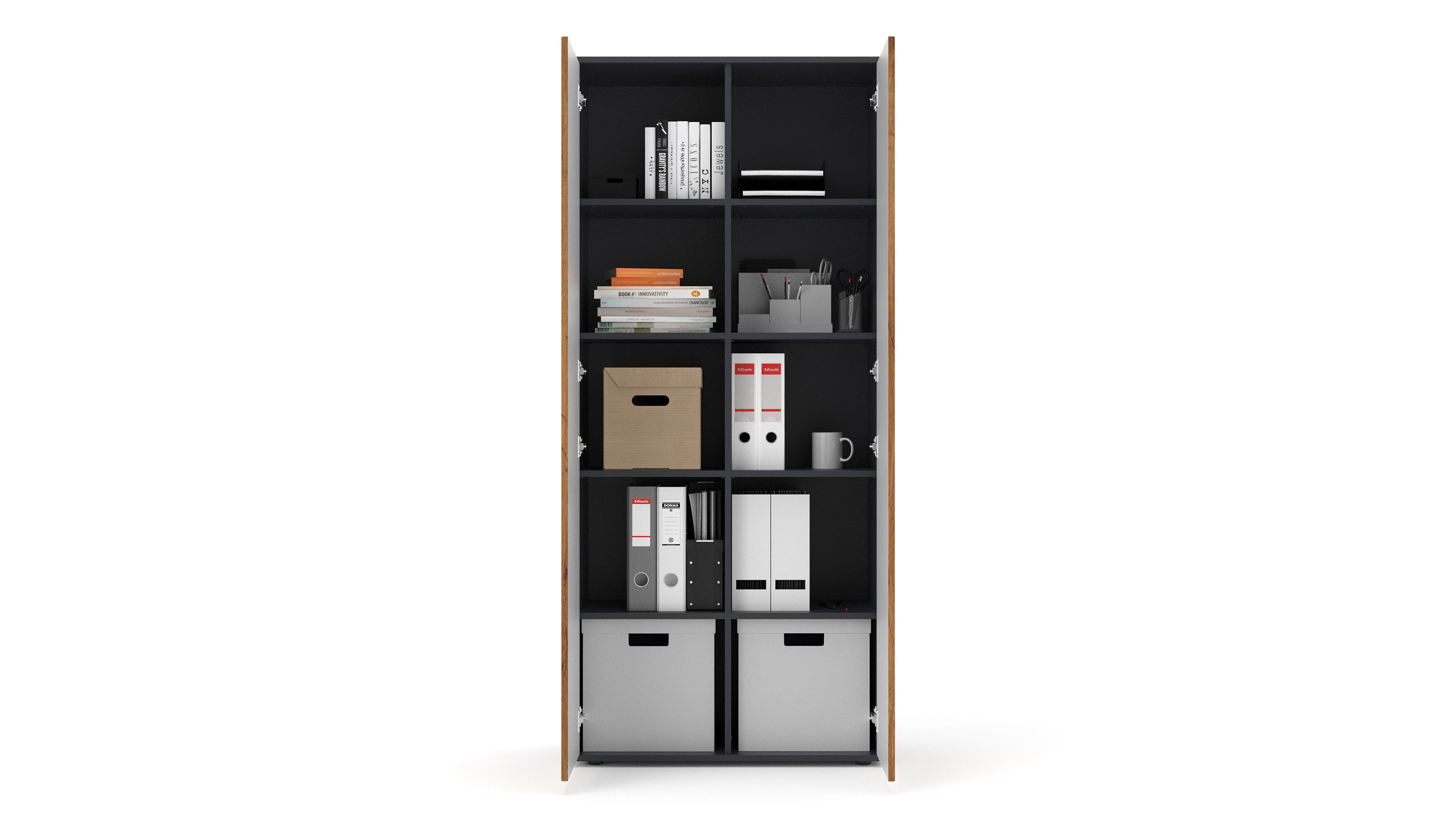 Büroschrank Amira T00, geschlossener Schrank mit 2 großen Türen, Anthrazit Korpus, Fronten in Eiche Wotan, Push-to-Open, 180x80x40 cm, Aktenregal für Büro und Homeoffice