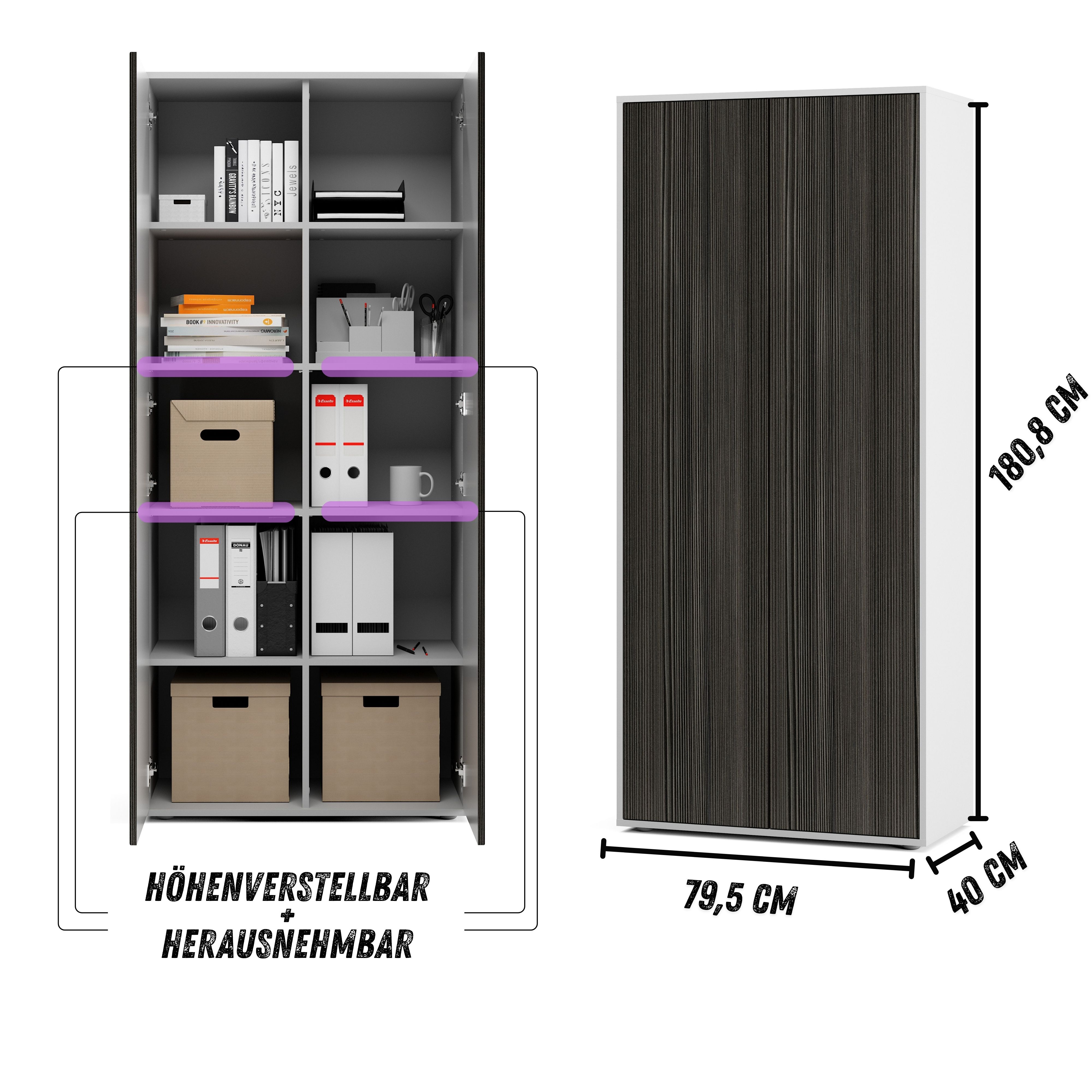 Büroschrank Amira T00 | Aktenschrank & Mehrzweckschrank in Weiß & Avola Anthrazit | 180x80x40 cm | Push-to-Open für Büro