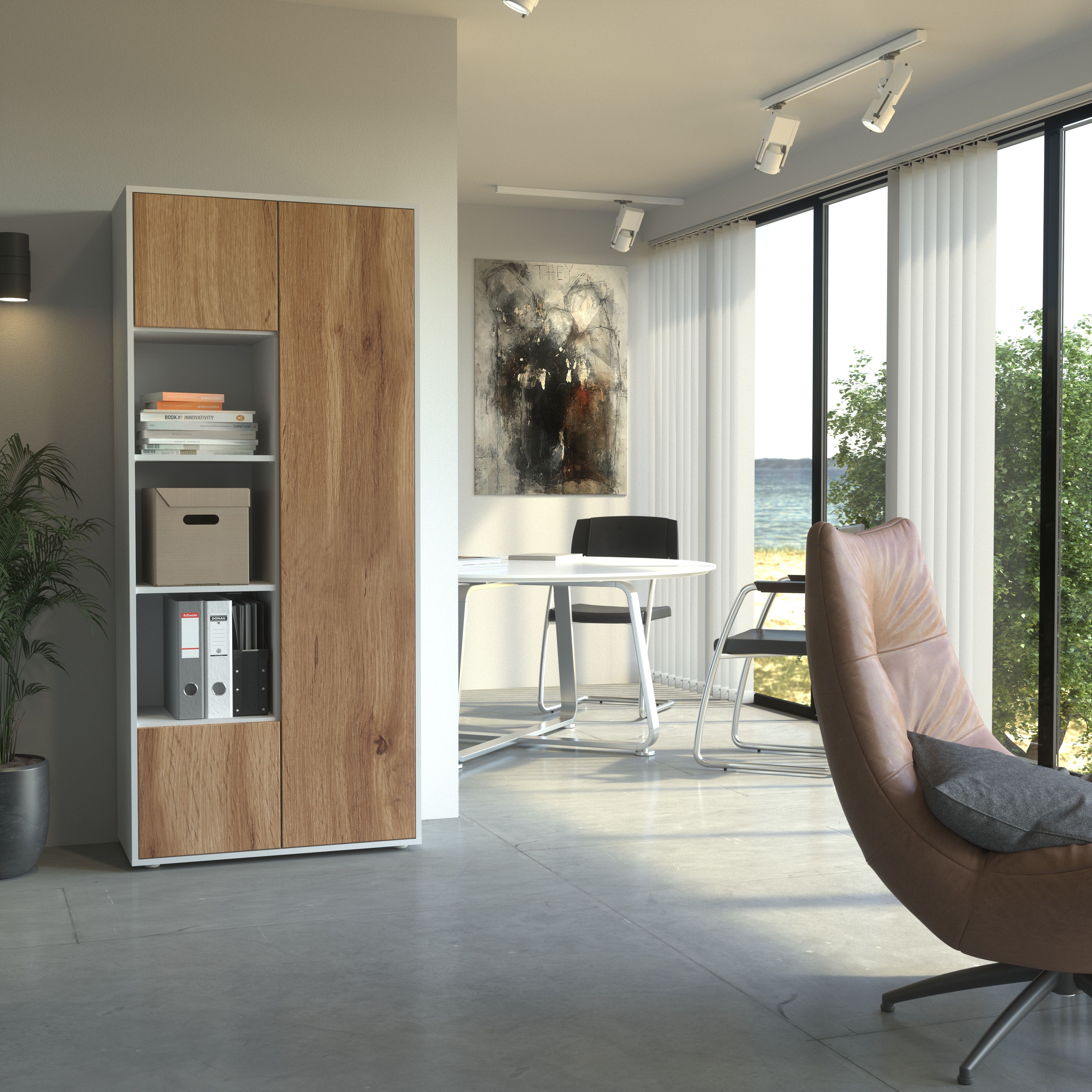 Büroschrank Amira T30 | Aktenschrank & Mehrzweckschrank in Weiß & Eiche Wotan | 3 offene Fächer | Push-to-Open | 181x80x40 cm | für Homeoffice & Büro