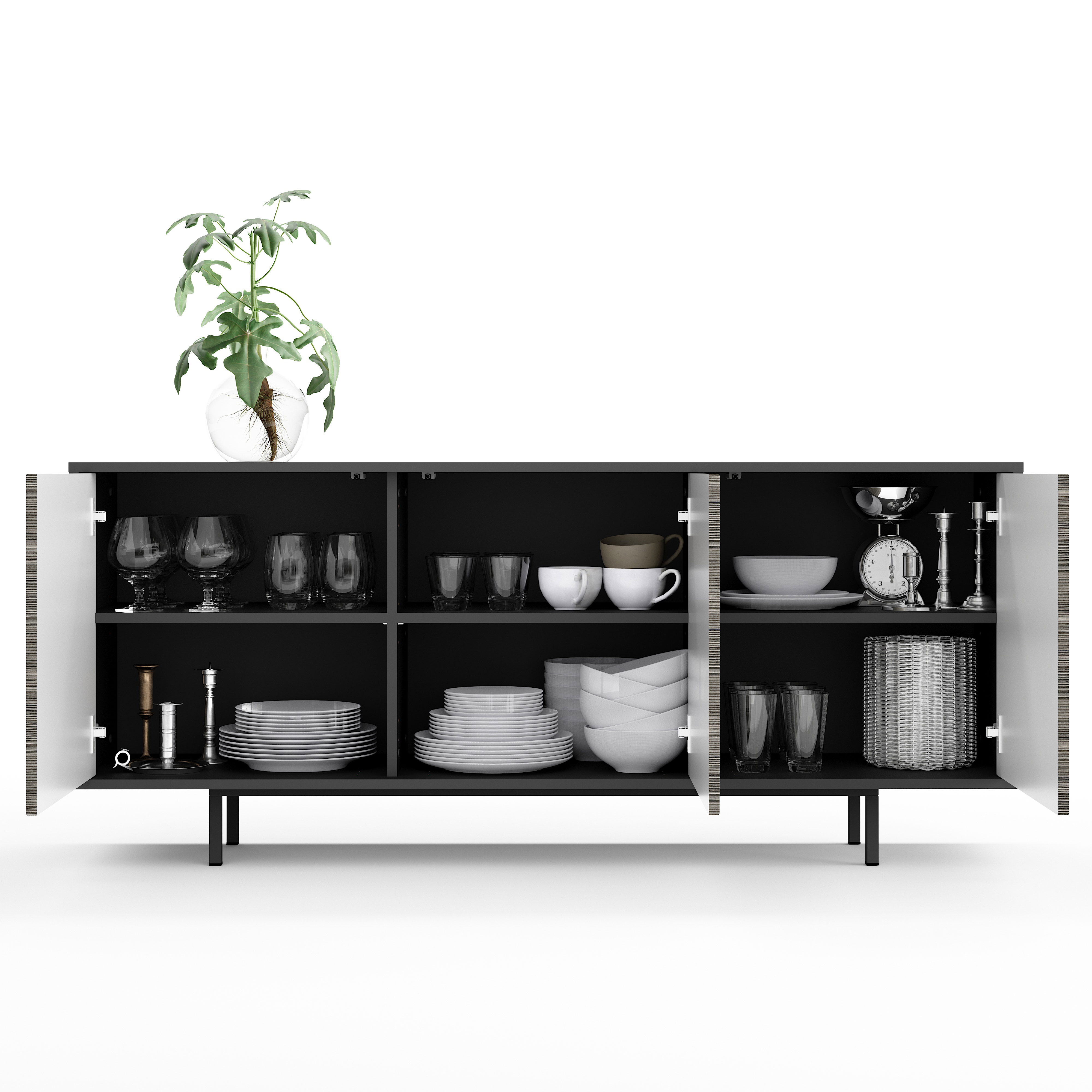 Sideboard Akia Kommode für Wohnzimmer oder Flur in Anthrazit mit Avola Anthrazit Türen, 154x40x66 cm, Metallfüße, Push-to-Open, modernes Lowboard mit verstellbaren Einlegeböden