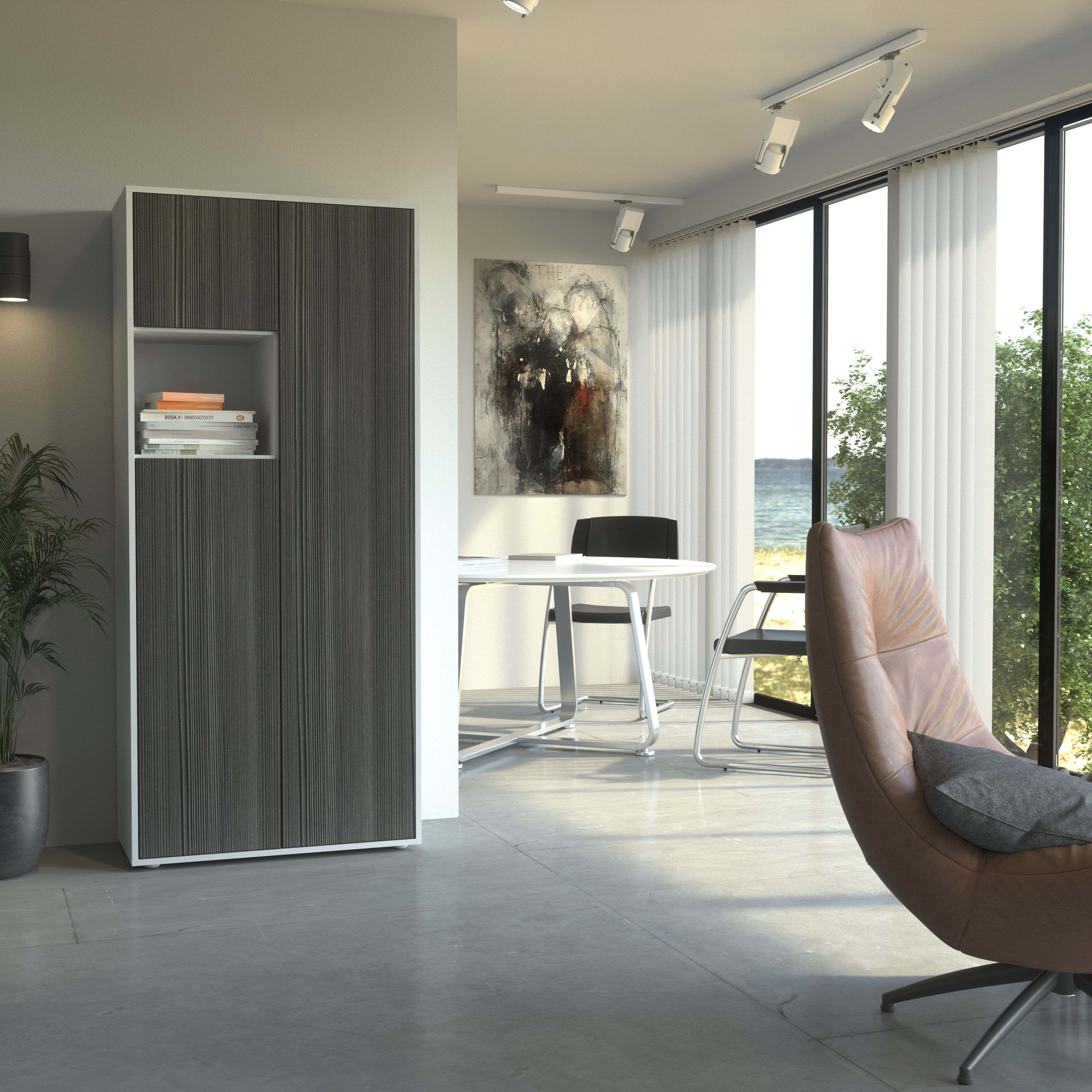 Büroschrank Amira T10 | Aktenschrank & Mehrzweckschrank mit offenem Fach | Weiß & Avola Anthrazit | Push-to-Open | 180x80x40 cm | Modern für Büro & Homeoffice