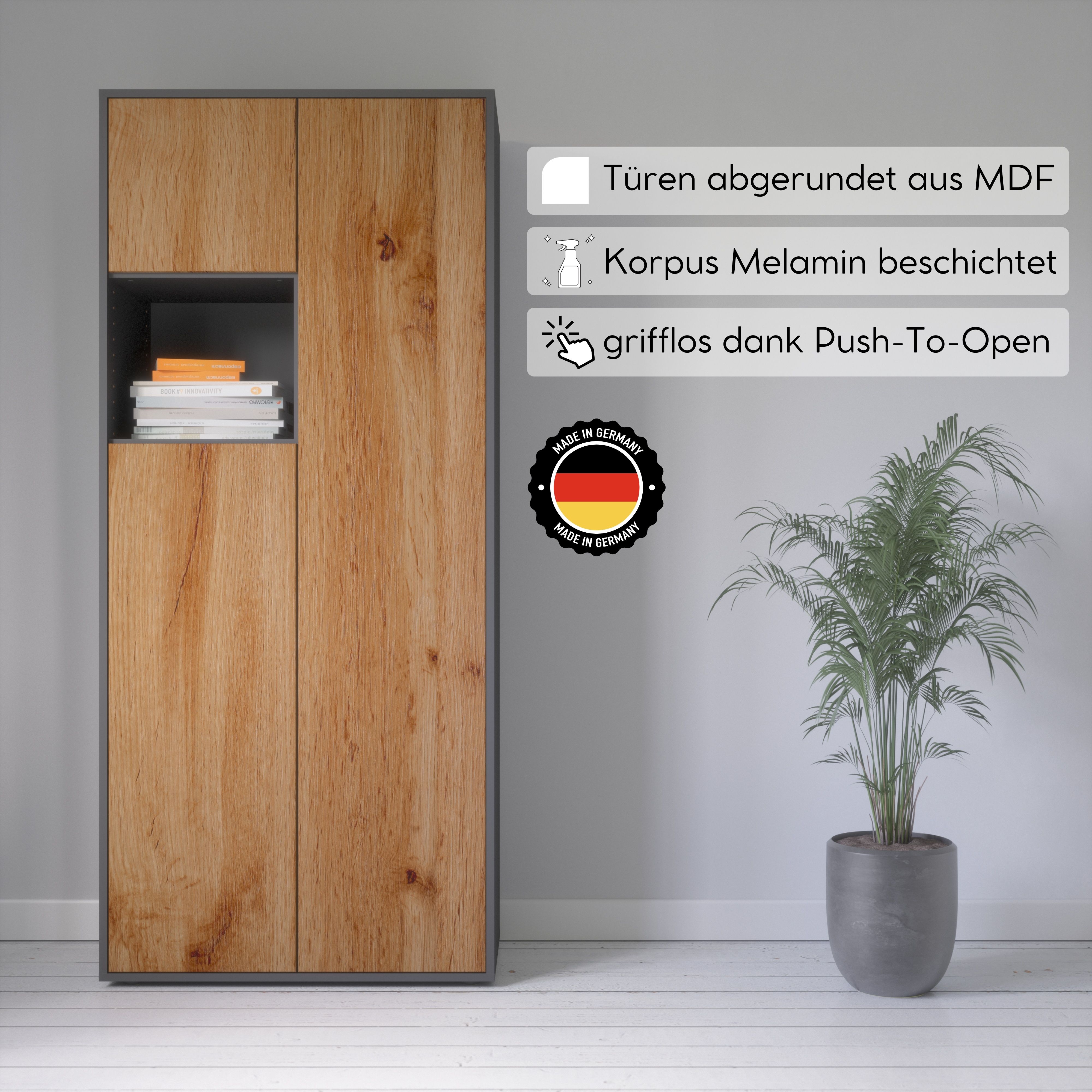 Büroschrank Amira T10, Schrank mit kleinem offenem Fach, Anthrazit Korpus, Fronten in Eiche Wotan , Push-to-Open, 180x80x40 cm, Büroschrank mit Ablage für Deko