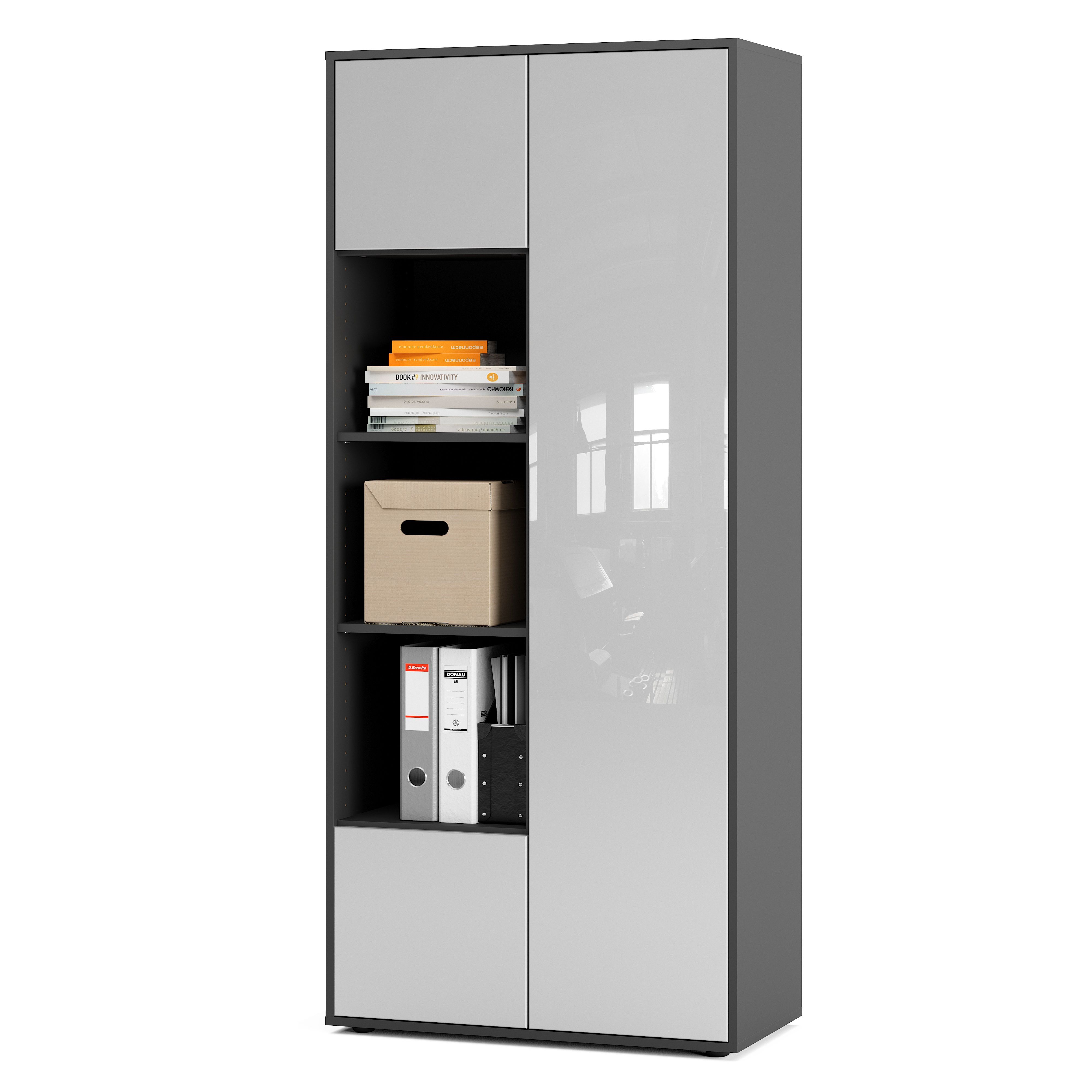 Büroschrank Amira T30, Schrank mit DREI offenen Fächern, Anthrazit Korpus, Fronten in Weiß Hochglanz, Push-to-Open, 180x80x40 cm, Moderner Schrank für Büro und Homeoffice