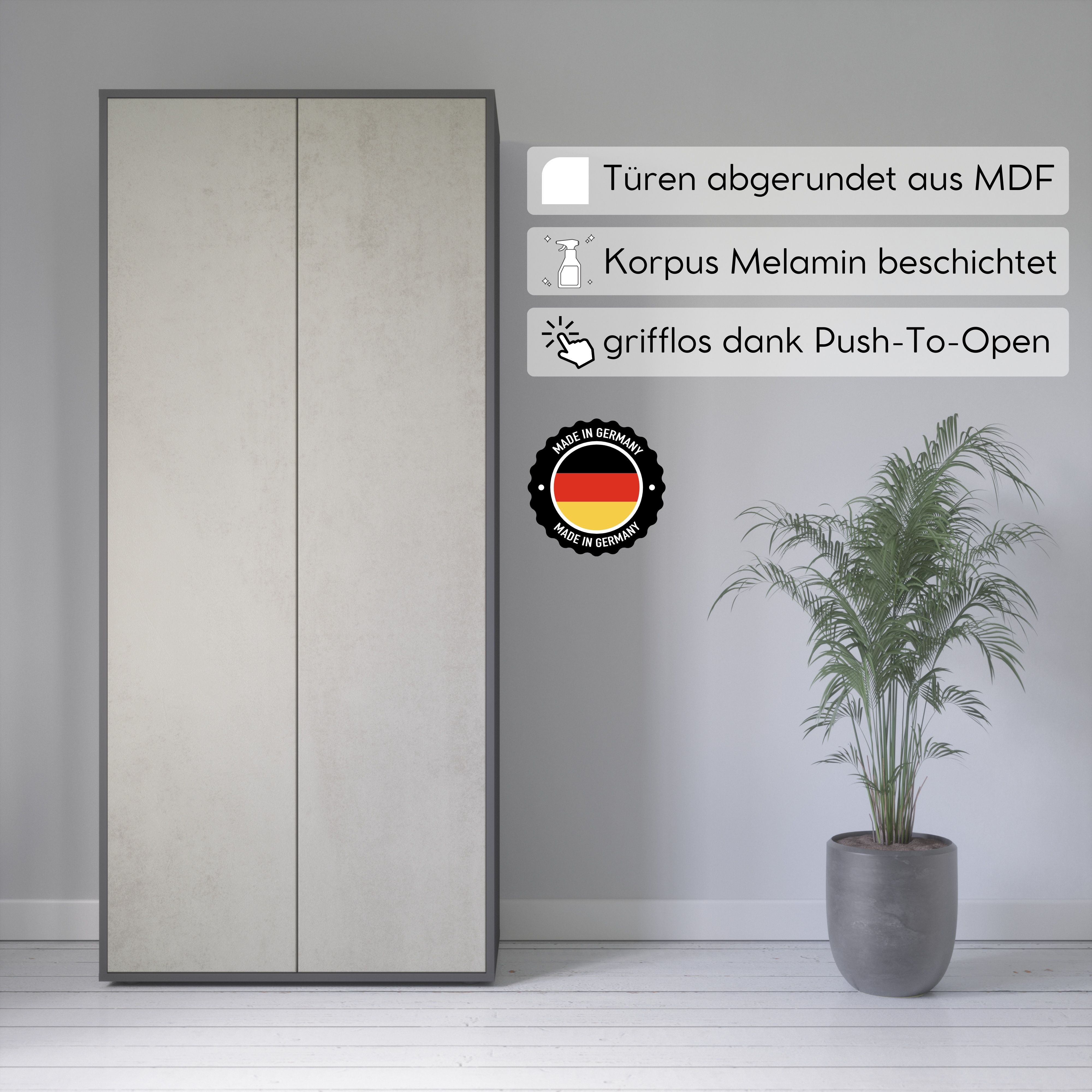 Büroschrank Amira T00, geschlossener Schrank mit 2 großen Türen, Anthrazit Korpus, Fronten in Beton Oxid, Push-to-Open, 180x80x40 cm, Aktenregal für Büro und Homeoffice