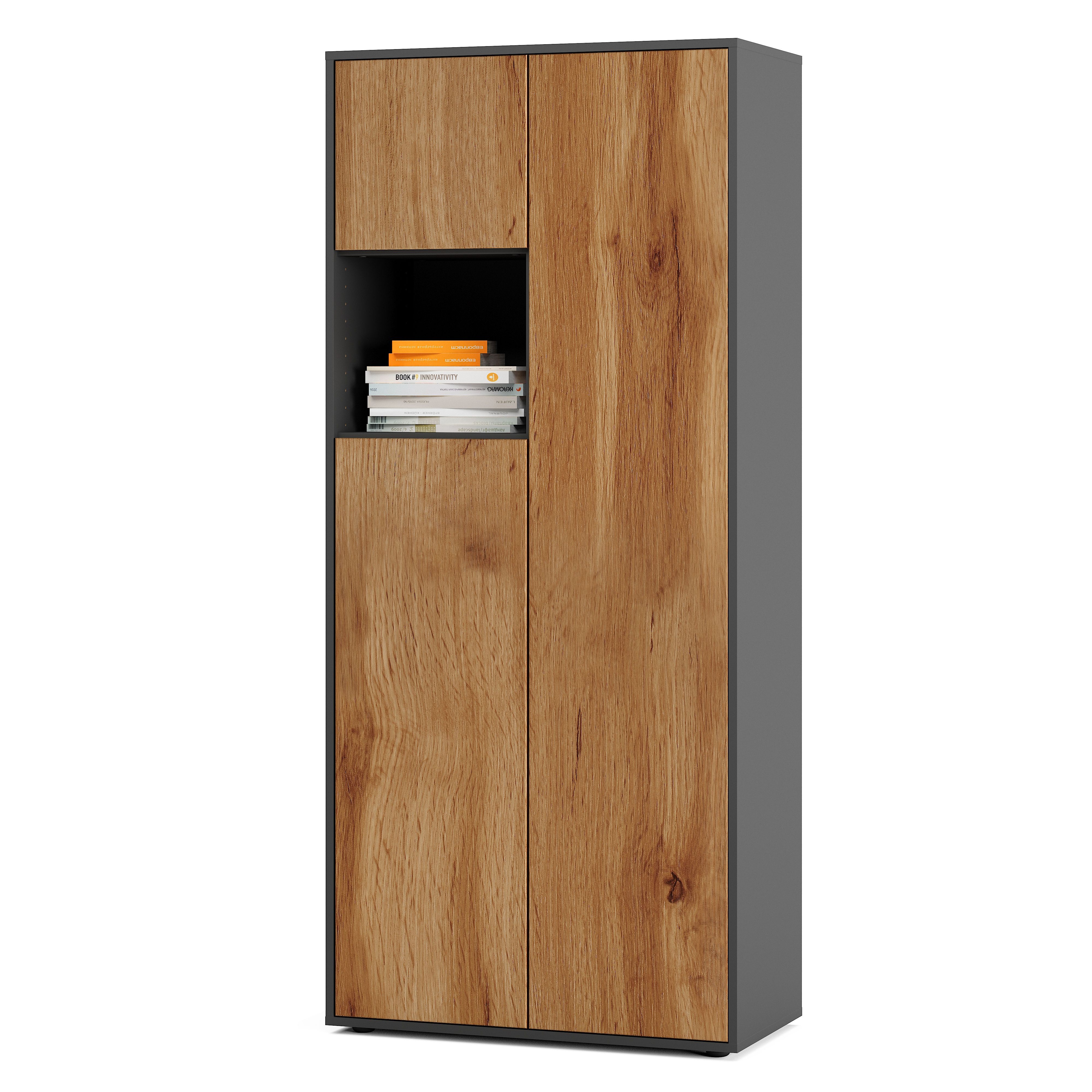 Büroschrank Amira T10, Schrank mit kleinem offenem Fach, Anthrazit Korpus, Fronten in Eiche Wotan , Push-to-Open, 180x80x40 cm, Büroschrank mit Ablage für Deko