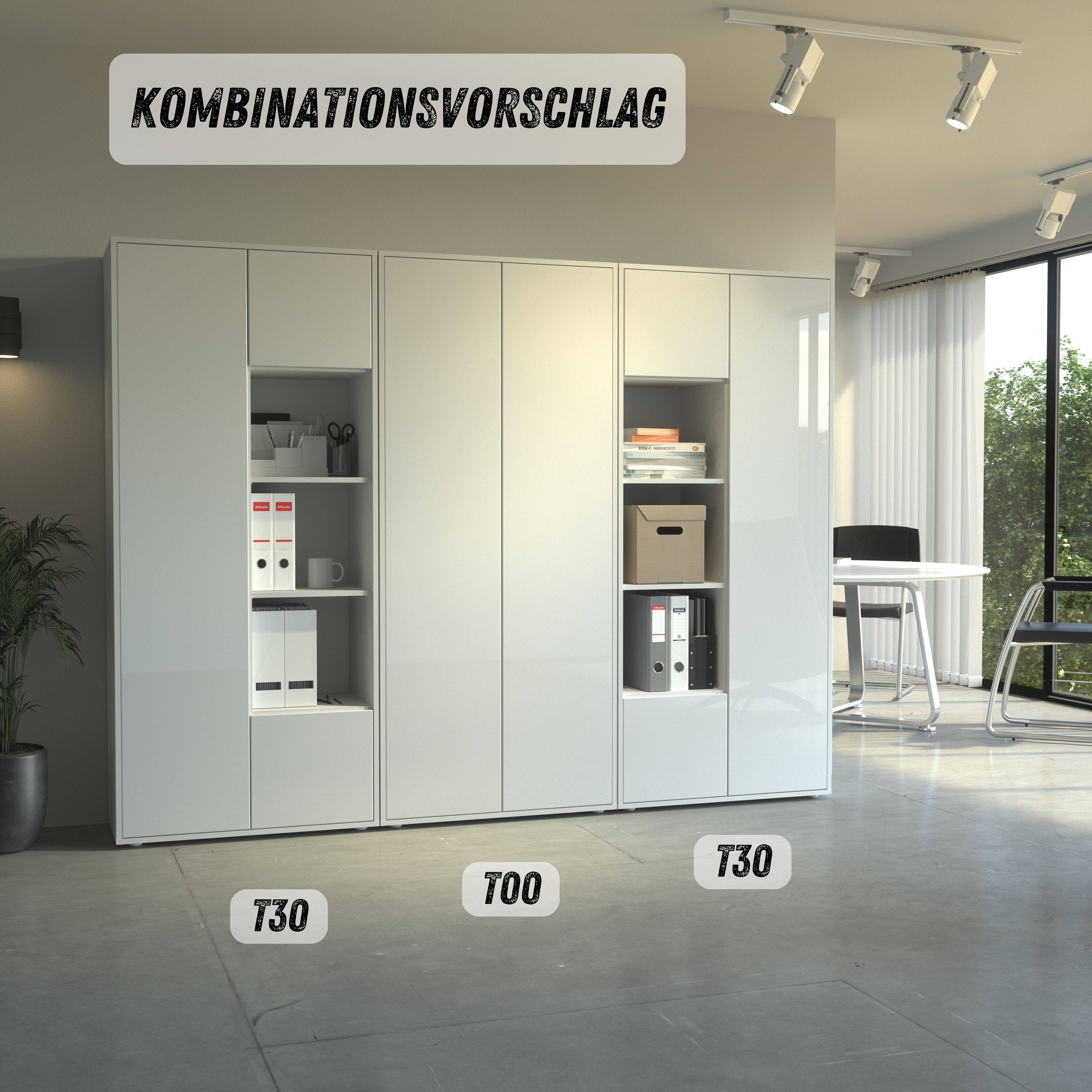 Büroschrank Amira T30 | Aktenschrank & Mehrzweckschrank in Weiß & Weiß Hochglanz | 3 offene Fächer | Push-to-Open | 181x80x40 cm | für Homeoffice & Büro