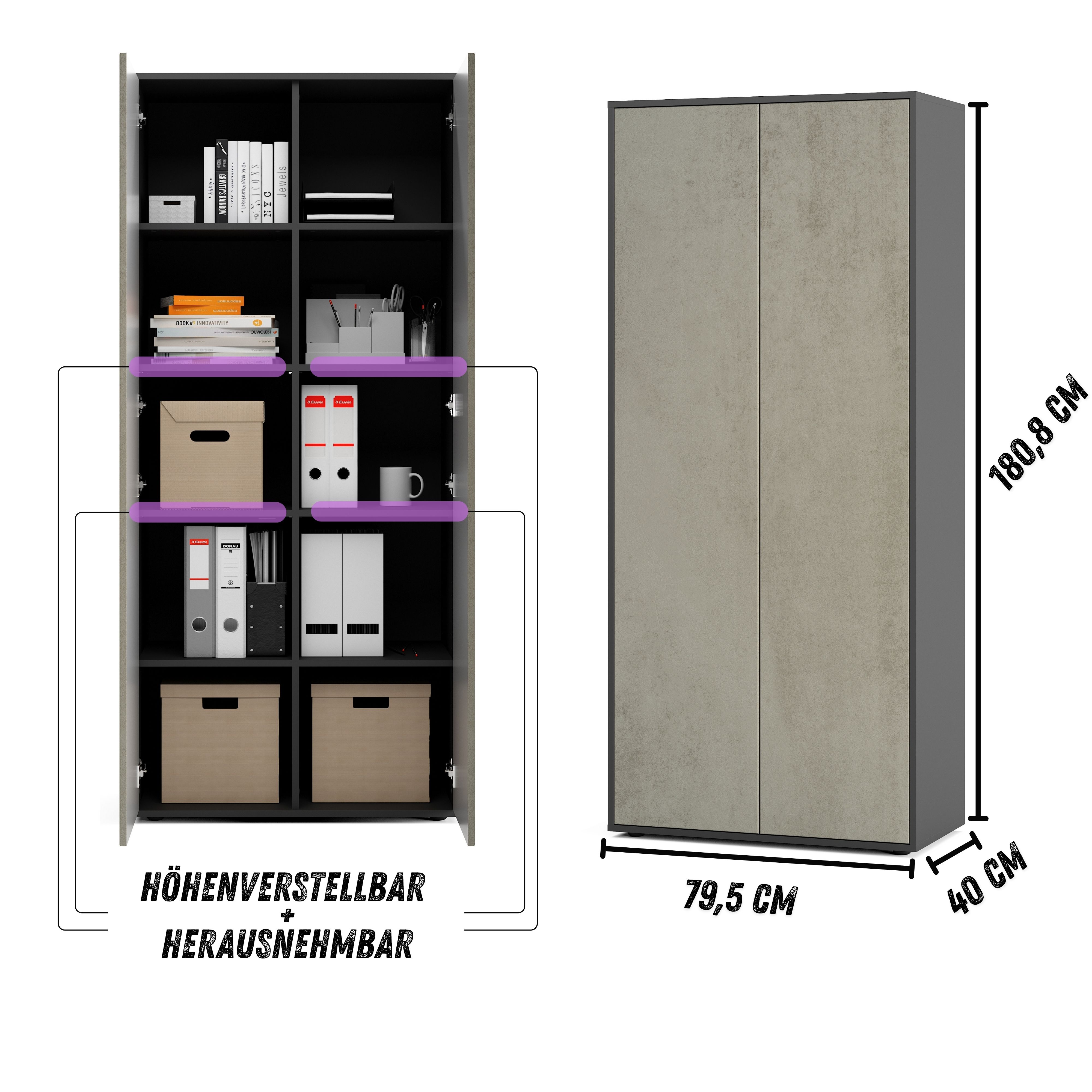 Büroschrank Amira T00, geschlossener Schrank mit 2 großen Türen, Anthrazit Korpus, Fronten in Beton Oxid, Push-to-Open, 180x80x40 cm, Aktenregal für Büro und Homeoffice