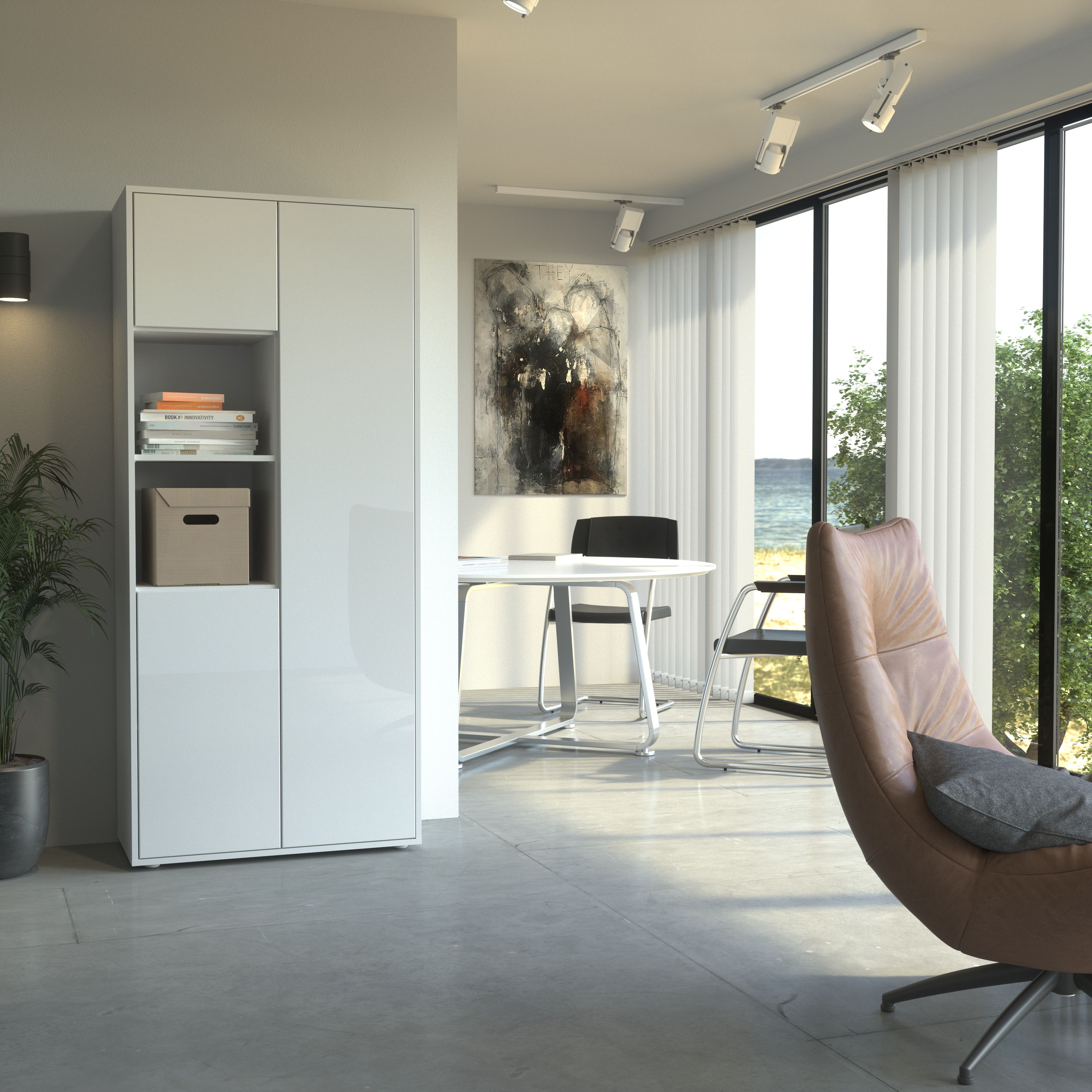 Büroschrank Amira T20 | mit 2 offenen Fächern | Aktenschrank & Mehrzweckschrank in Korpus Weiß & Front Weiß Hochglanz | Push-to-Open | 180x80x40 cm