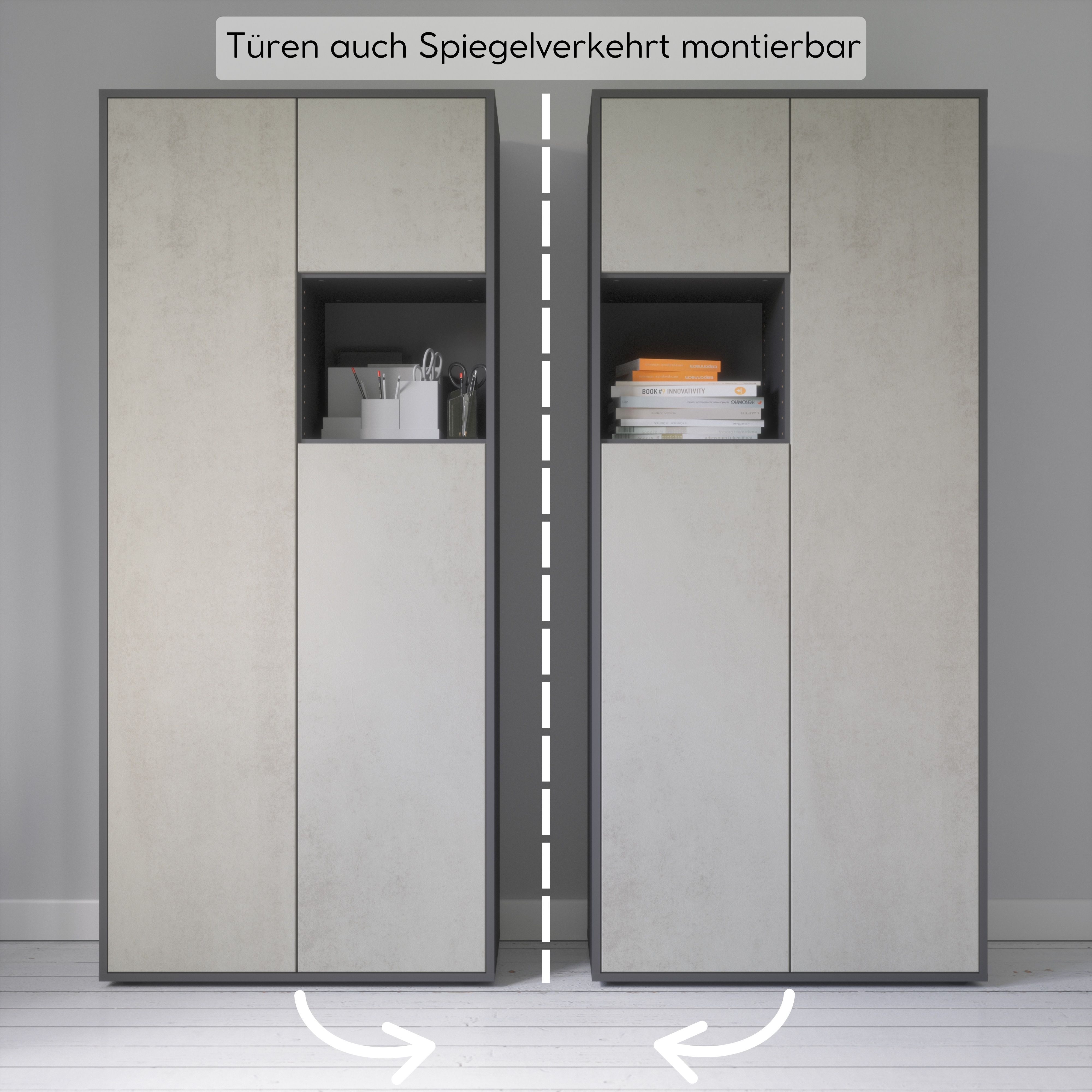 Büroschrank Amira T10, Schrank mit kleinem offenem Fach, Anthrazit , Push-to-Open, 180x80x40 cm, Büroschrank mit Ablage für Deko