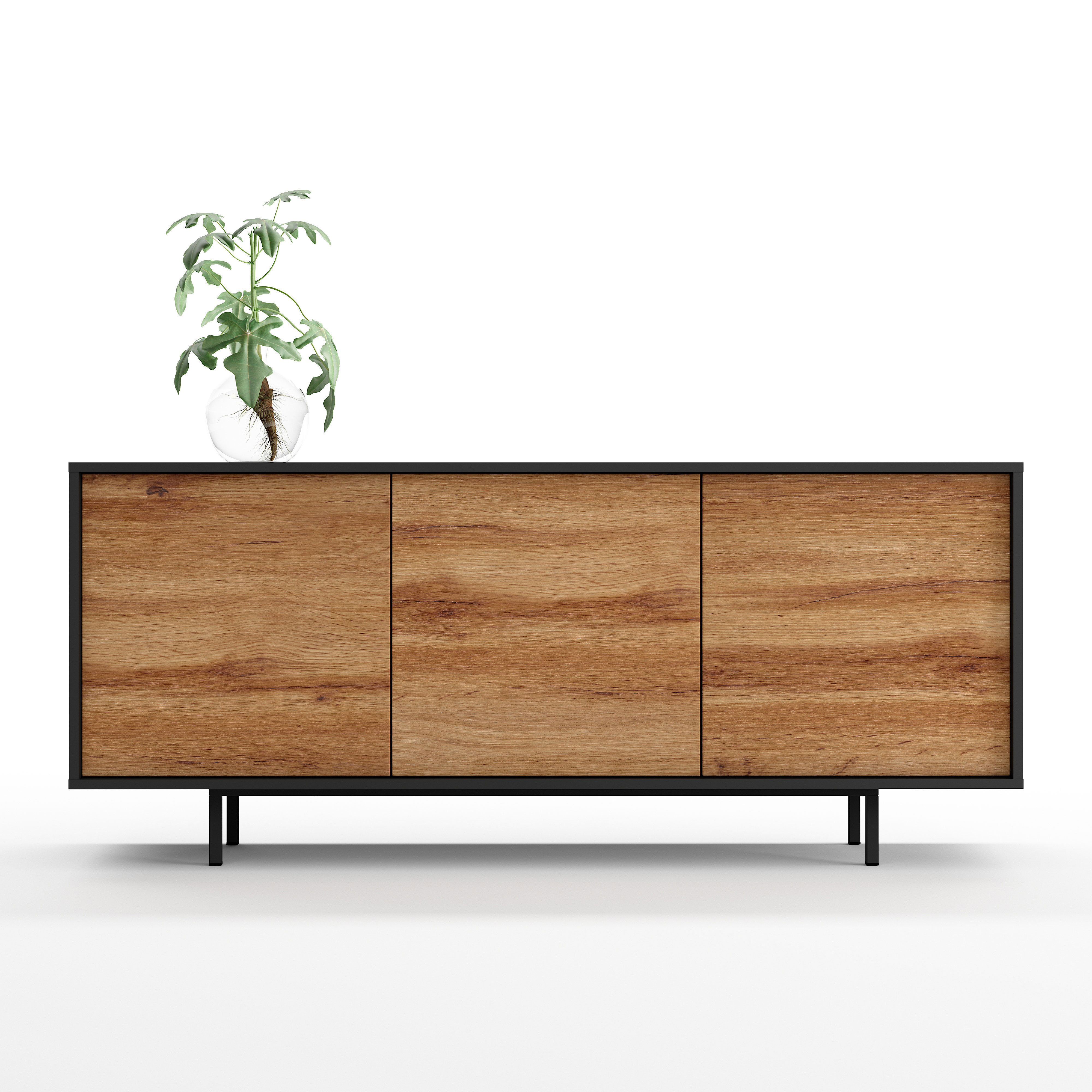 Sideboard Akia Kommode für Wohnzimmer oder Flur in Anthrazit mit Eiche Wotan Türen, 154x40x66 cm, Metallfüße, Push-to-Open, modernes Lowboard mit verstellbaren Einlegeböden | Eiche Wotan