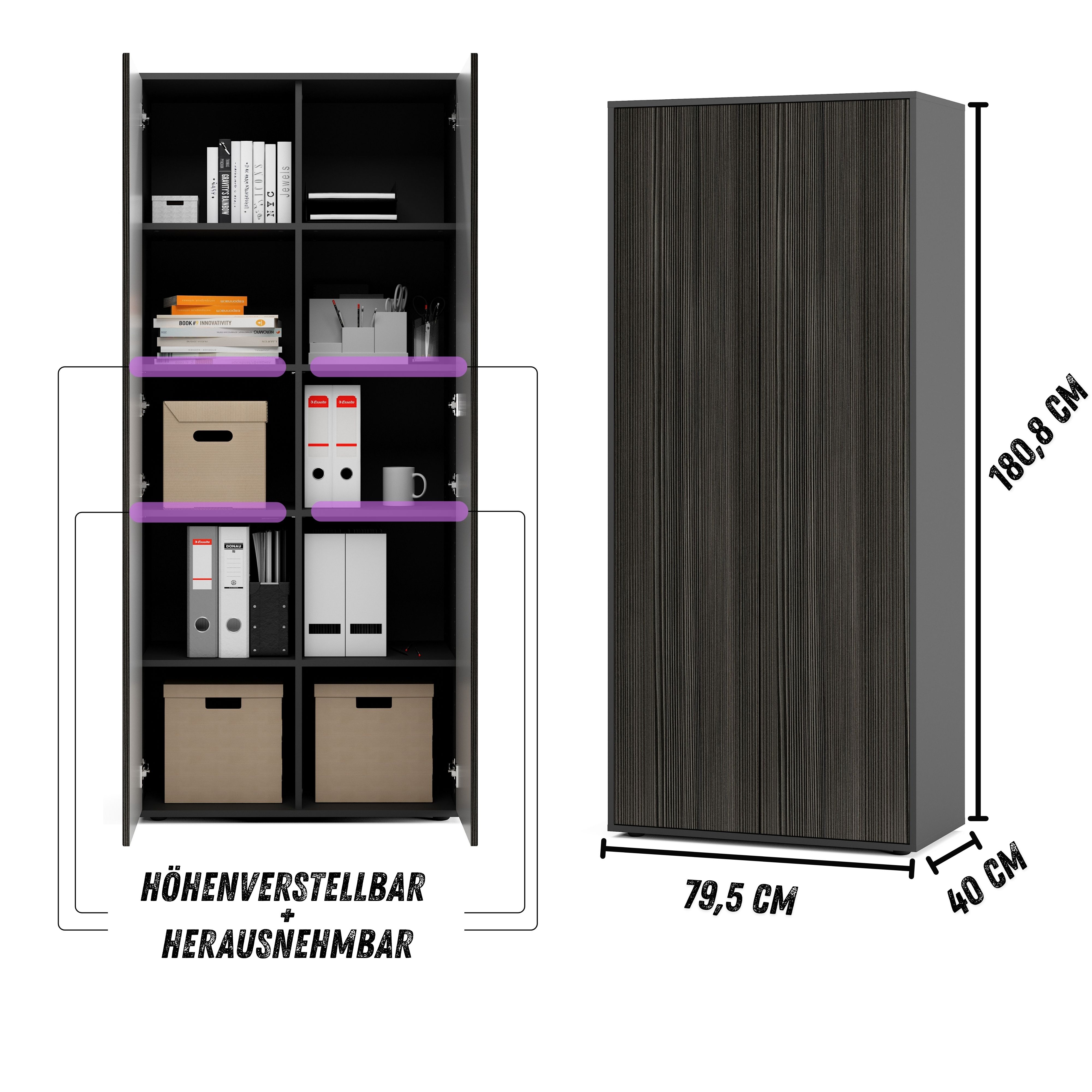 Büroschrank Amira T00, geschlossener Schrank mit 2 großen Türen, Anthrazit Korpus, Fronten in Avola Anthrazit, Push-to-Open, 180x80x40 cm, Aktenregal für Büro und Homeoffice