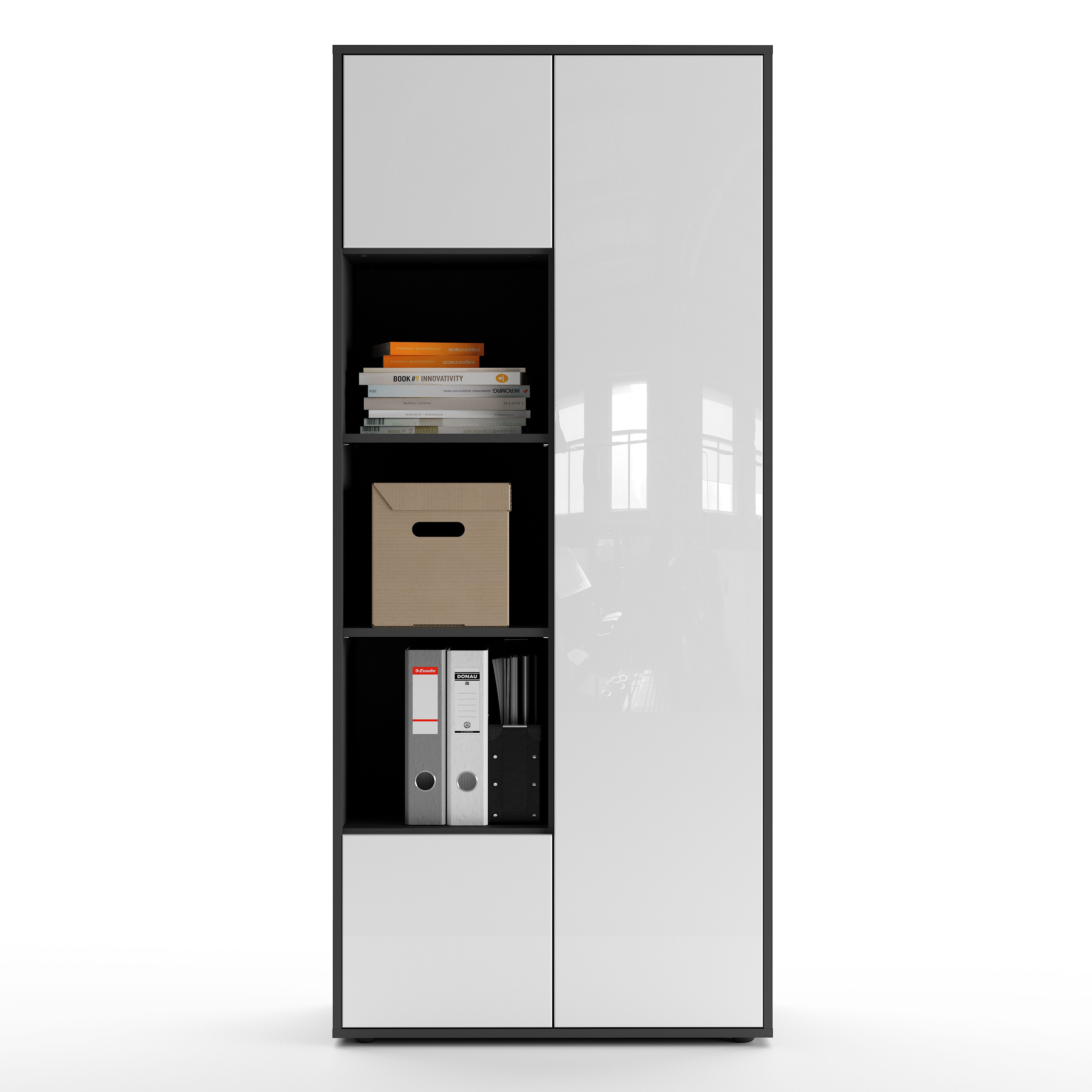 Büroschrank Amira T30, Schrank mit DREI offenen Fächern, Anthrazit Korpus, Fronten in Weiß Hochglanz, Push-to-Open, 180x80x40 cm, Moderner Schrank für Büro und Homeoffice