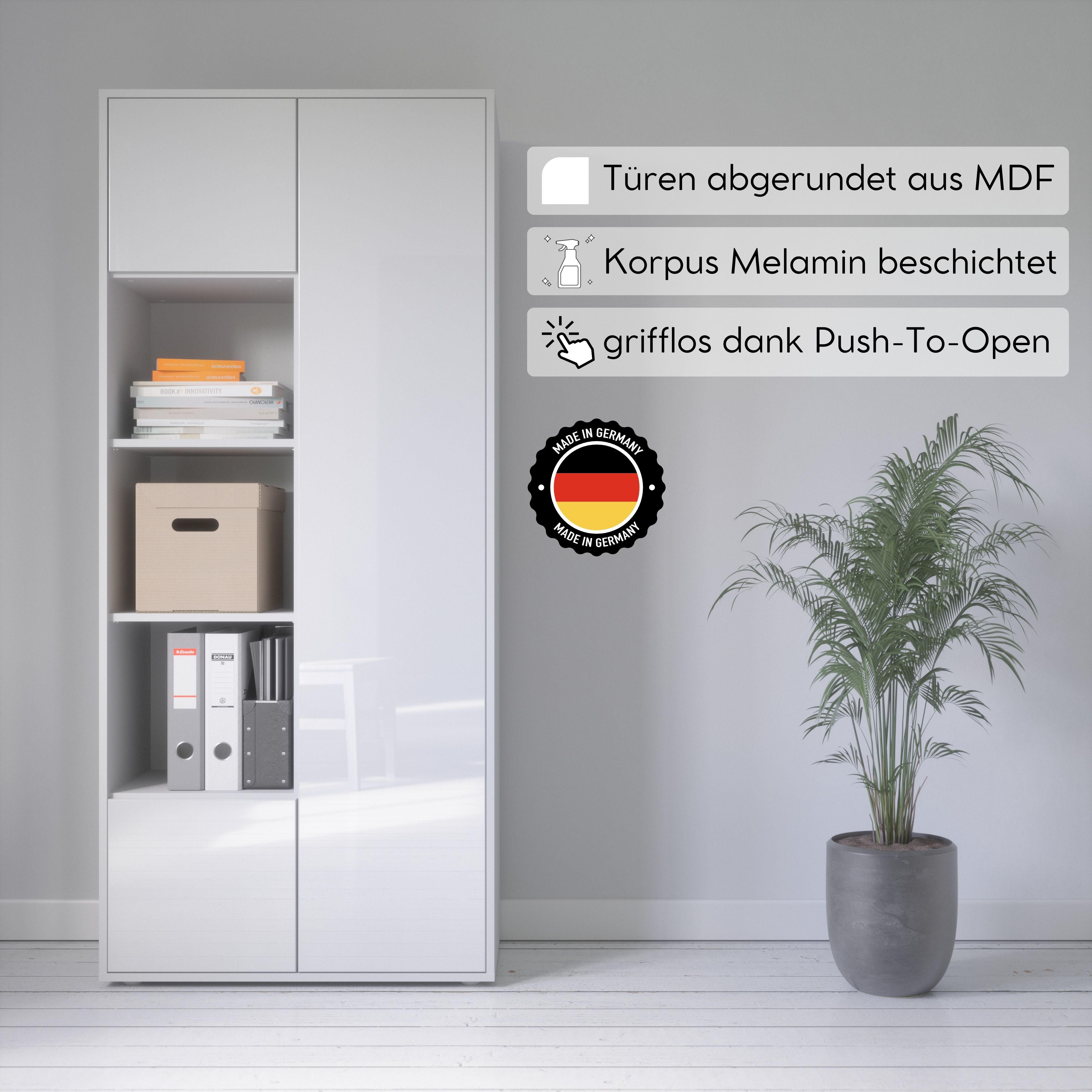Büroschrank Amira T30 | Aktenschrank & Mehrzweckschrank in Weiß & Weiß Hochglanz | 3 offene Fächer | Push-to-Open | 181x80x40 cm | für Homeoffice & Büro