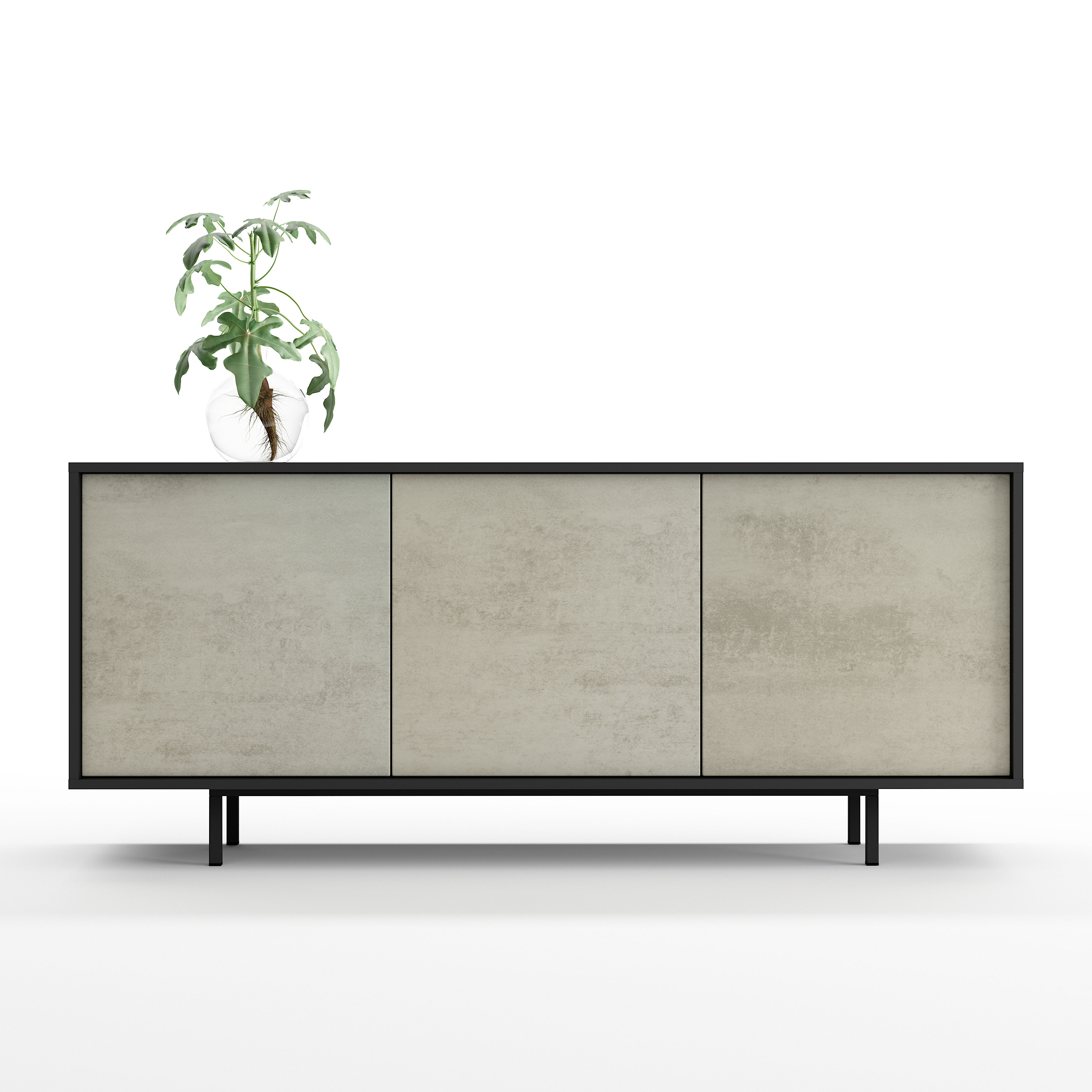 Sideboard Akia Kommode für Wohnzimmer oder Flur in Anthrazit mit Beton Oxid Türen, 154x40x66 cm, Metallfüße, Push-to-Open, modernes Lowboard mit verstellbaren Einlegeböden