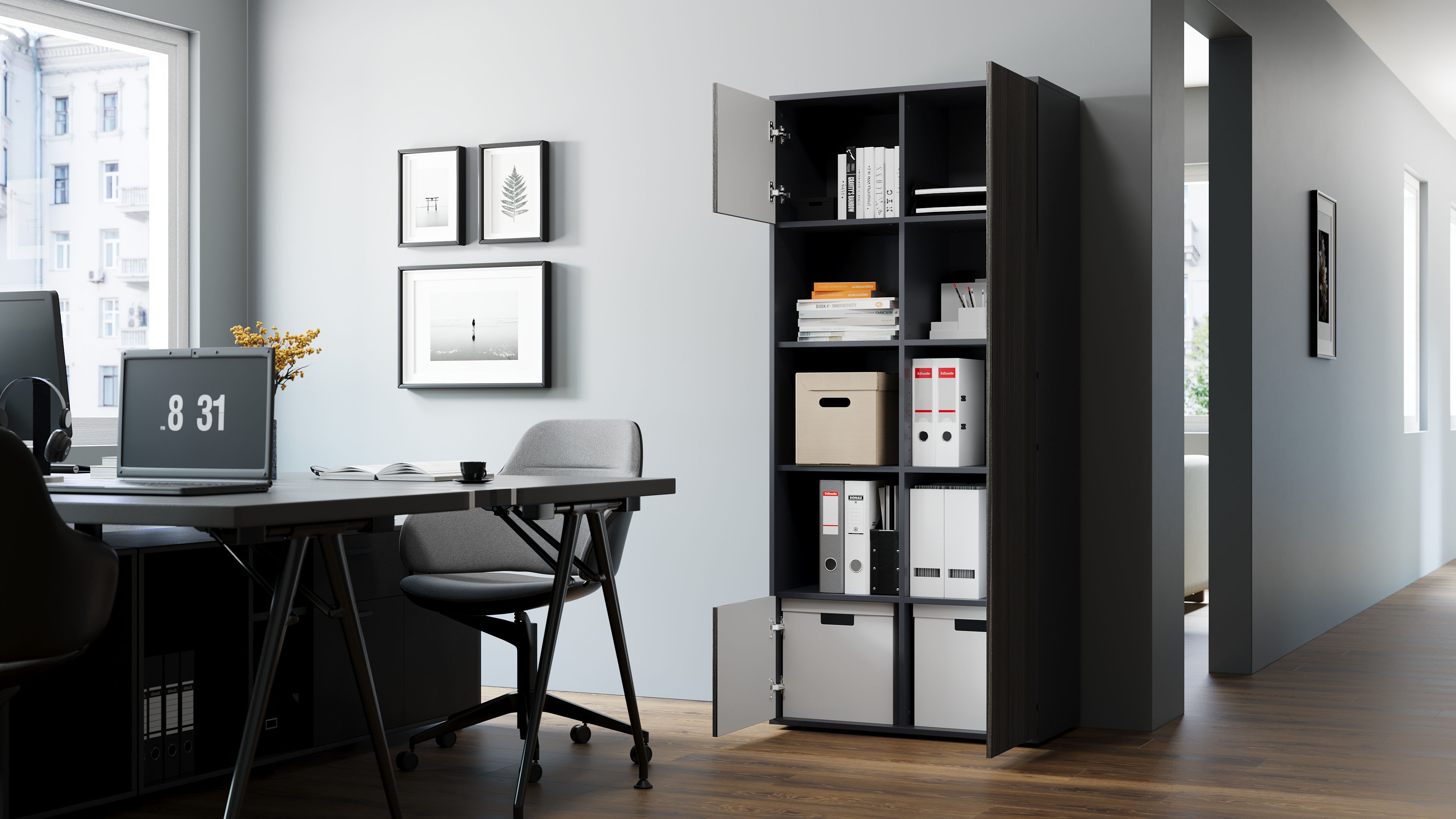 Büroschrank Amira T30, Schrank mit DREI offenen Fächern, Anthrazit Korpus, Fronten in, Push-to-Open, 180x80x40 cm, Moderner Schrank für Büro und Homeoffice