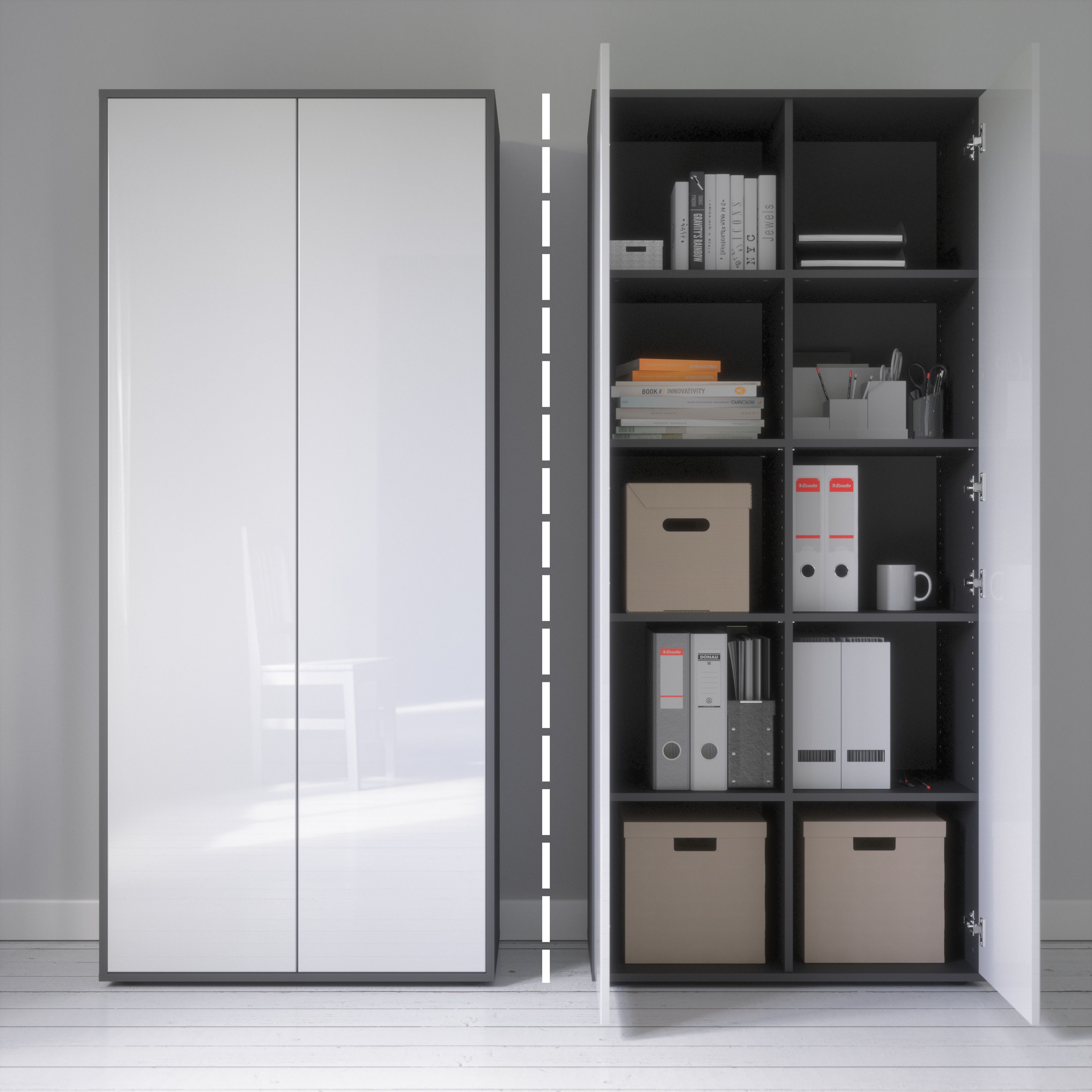 Büroschrank Amira T00, geschlossener Schrank mit 2 großen Türen, Anthrazit Korpus , Fronten in Weiß Hochglanz, Push-to-Open, 180x80x40 cm, Aktenregal für Büro und Homeoffice