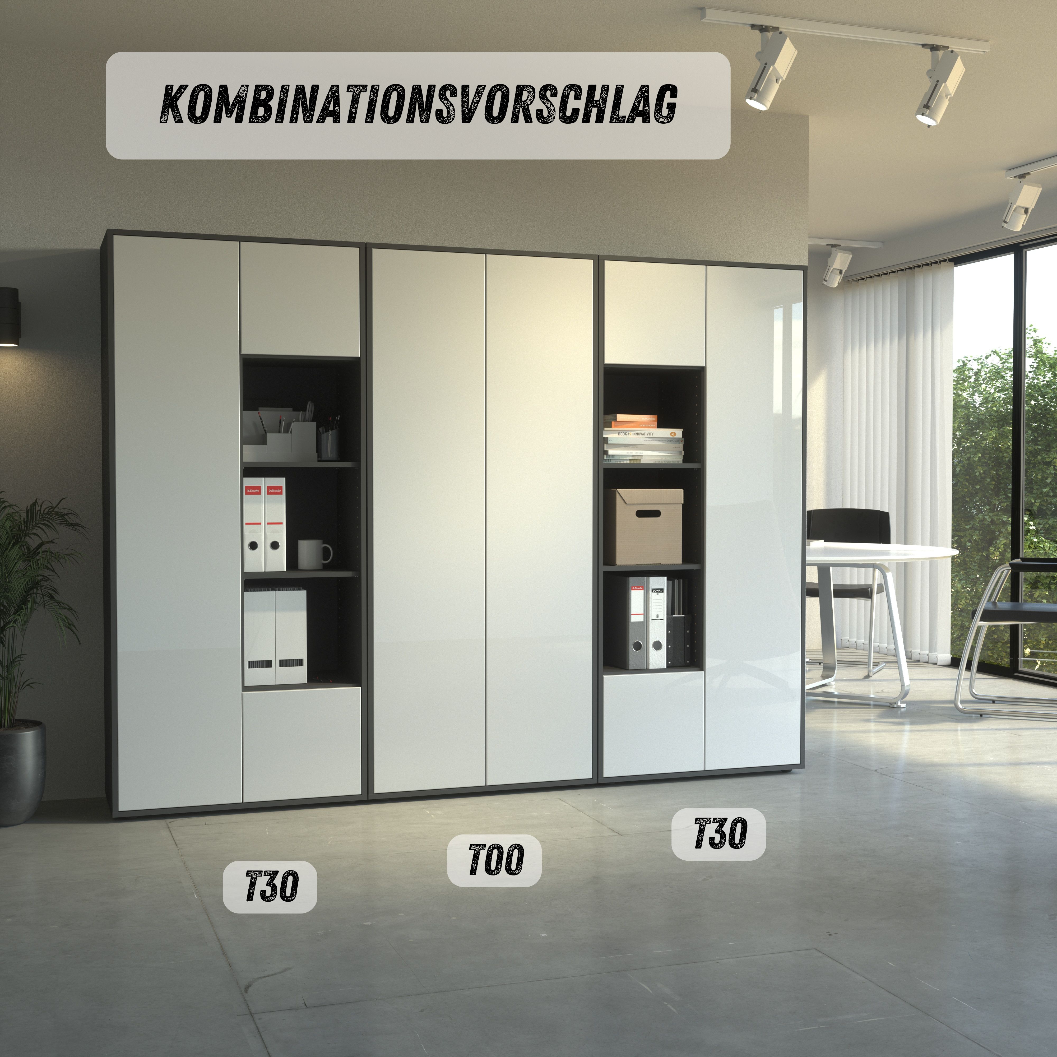 Büroschrank Amira T30, Schrank mit DREI offenen Fächern, Anthrazit Korpus, Fronten in Weiß Hochglanz, Push-to-Open, 180x80x40 cm, Moderner Schrank für Büro und Homeoffice