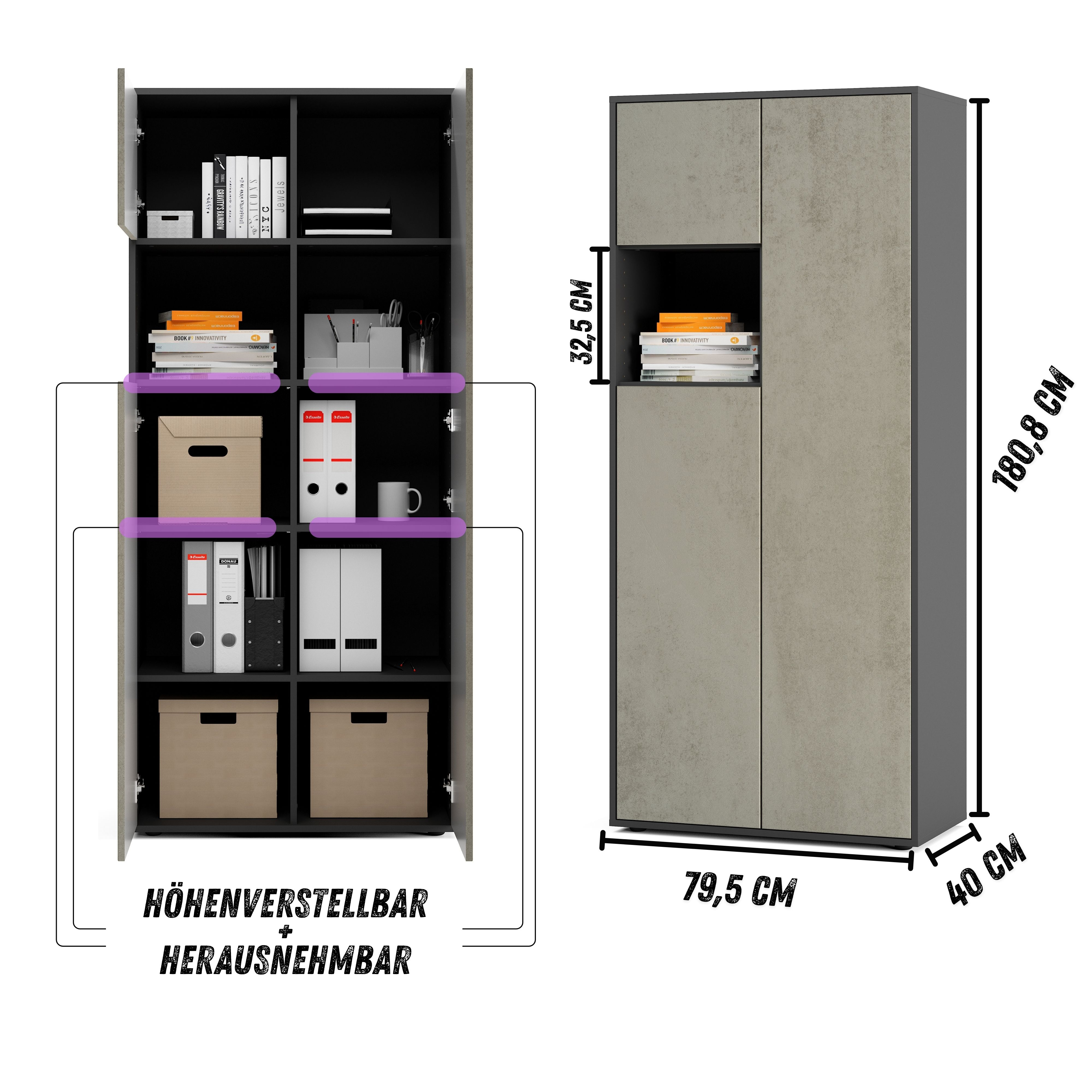 Büroschrank Amira T10, Schrank mit kleinem offenem Fach, Anthrazit , Push-to-Open, 180x80x40 cm, Büroschrank mit Ablage für Deko