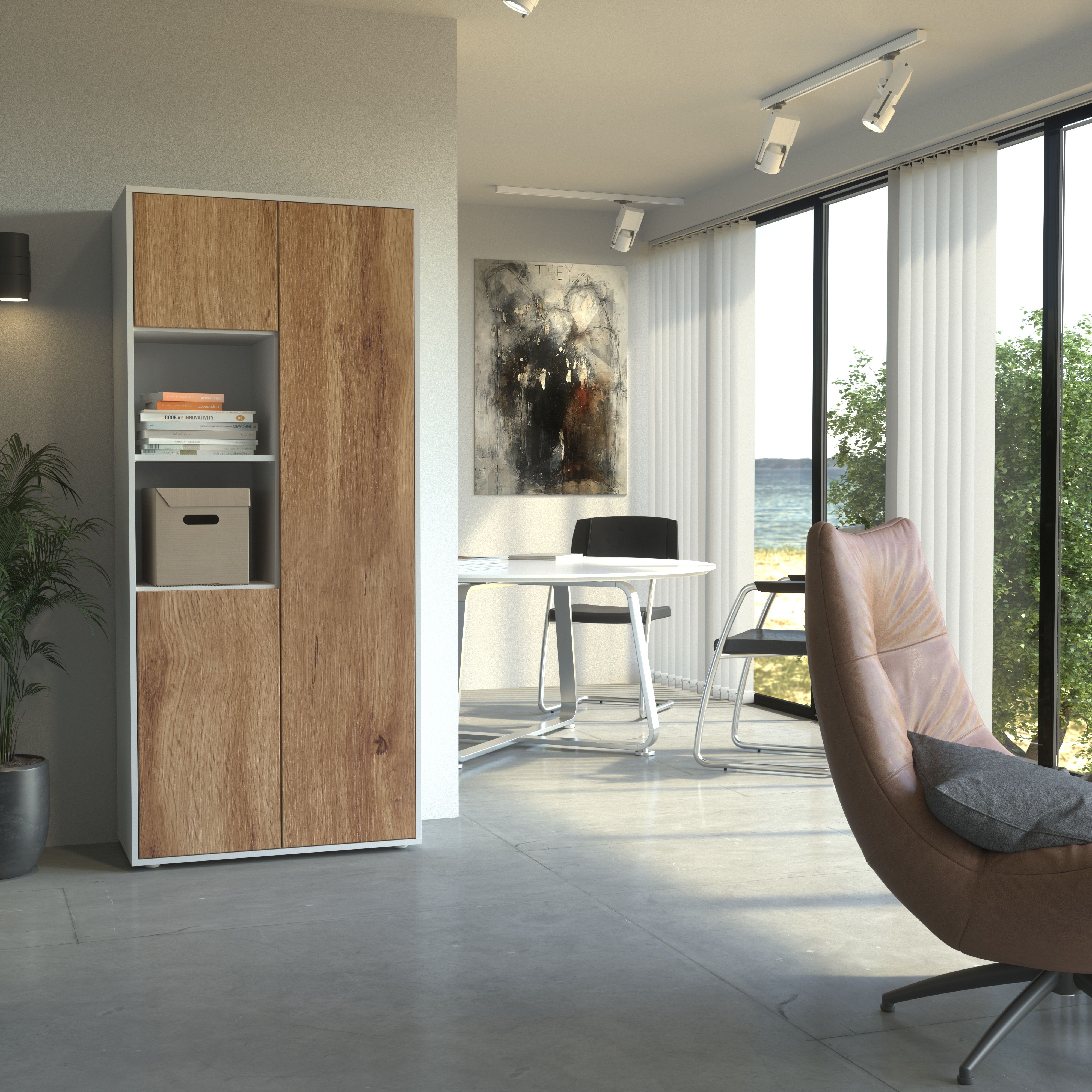 Büroschrank Amira T20 | mit 2 offenen Fächern | Aktenschrank & Mehrzweckschrank in Korpus Weiß & Front Eiche Wotan | Push-to-Open | 180x80x40 cm