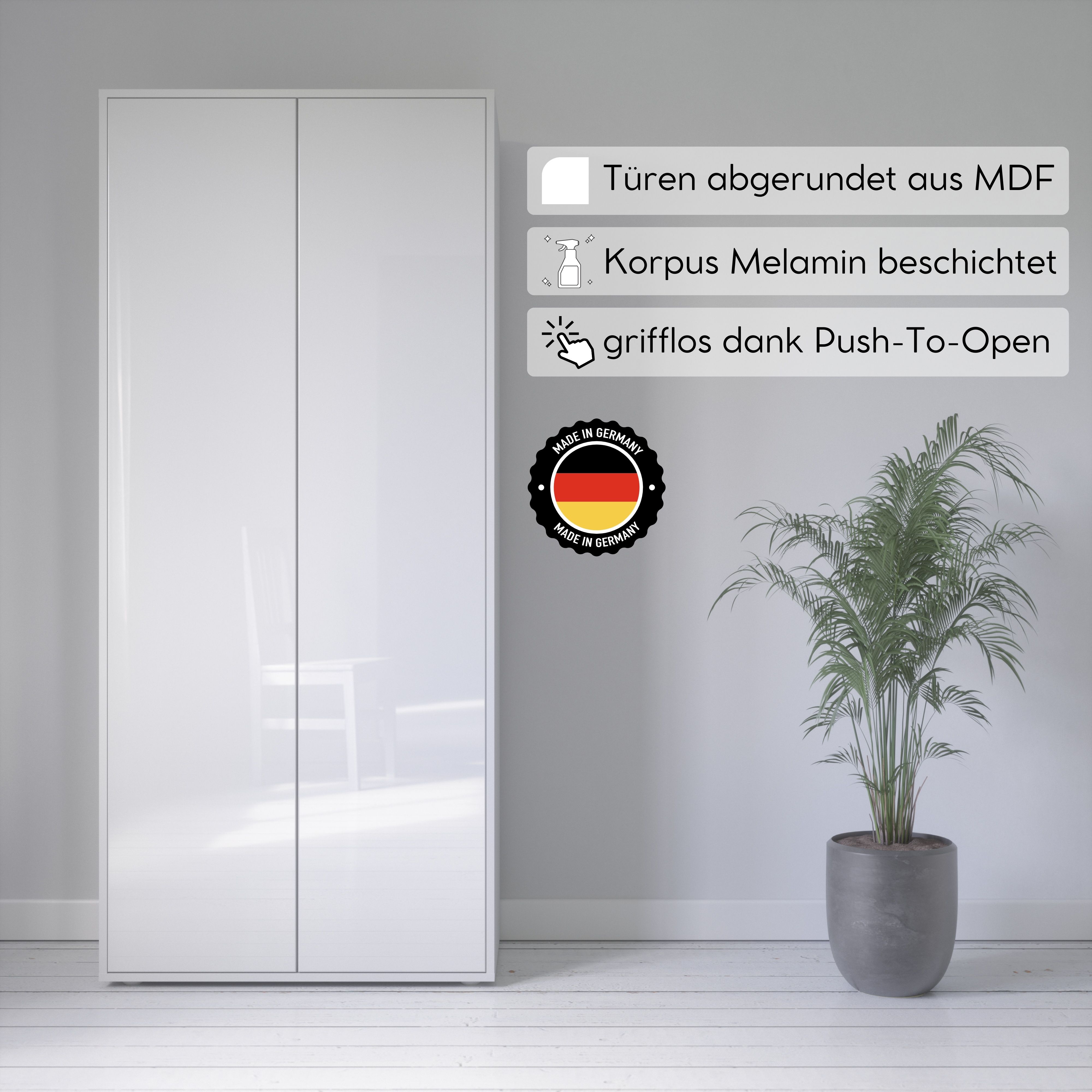 Büroschrank Amira T00 | Aktenschrank & Mehrzweckschrank in Weiß & Weiß Hochglanz | 180x80x40 cm | Push-to-Open für Büro