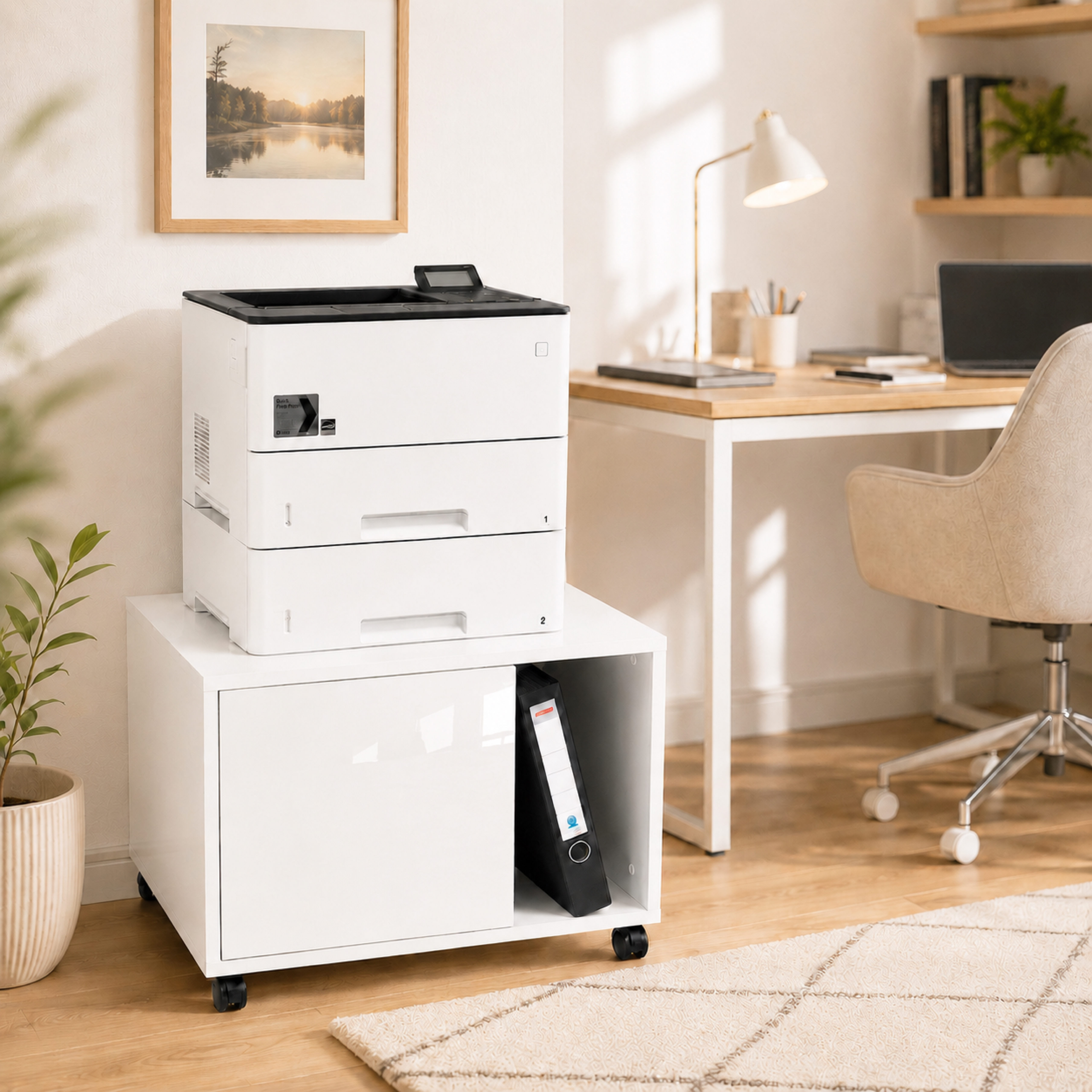 Druckerschrank Amira Weiß Hochglanz Front, Druckerkommode mit Rollen, 58x52x44 cm, Push-to-Open Tür, extra tief und geschlossen