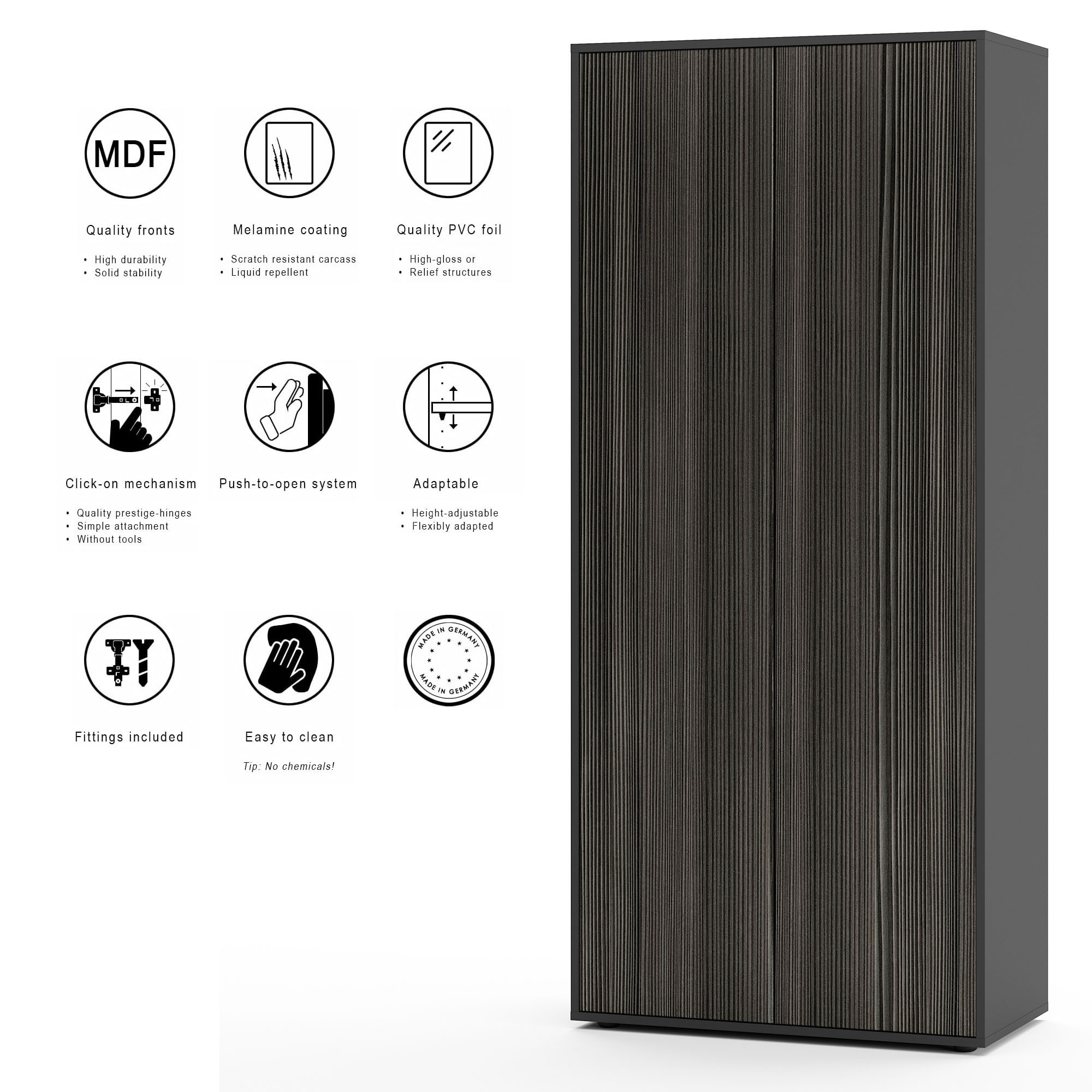 Büroschrank Amira T00, geschlossener Schrank mit 2 großen Türen, Anthrazit Korpus, Fronten in Avola Anthrazit, Push-to-Open, 180x80x40 cm, Aktenregal für Büro und Homeoffice
