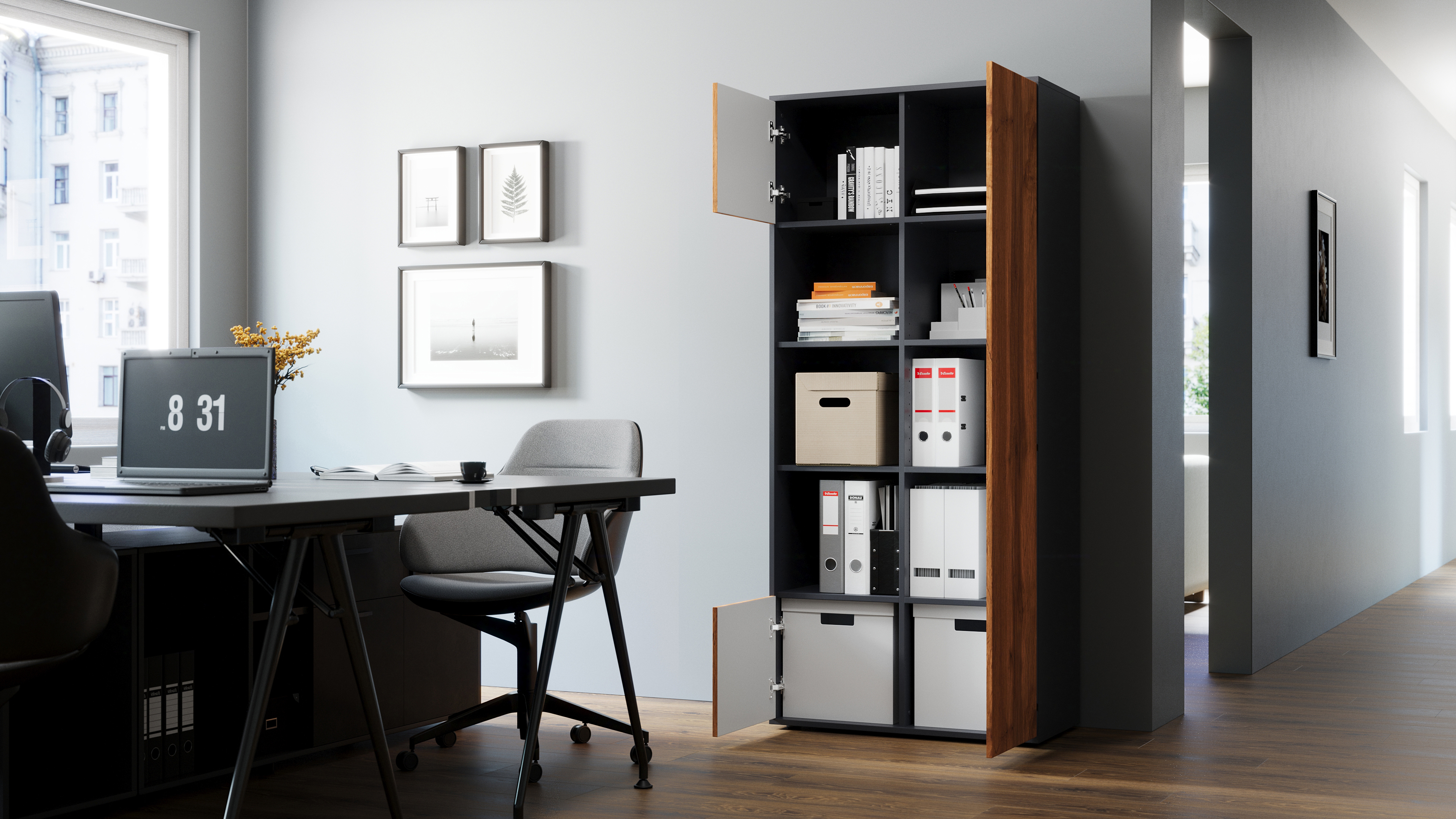 Büroschrank Amira T30, Schrank mit DREI offenen Fächern, Anthrazit Korpus, Fronten in Eiche Wotan, Push-to-Open, 180x80x40 cm, Moderner Schrank für Büro und Homeoffice