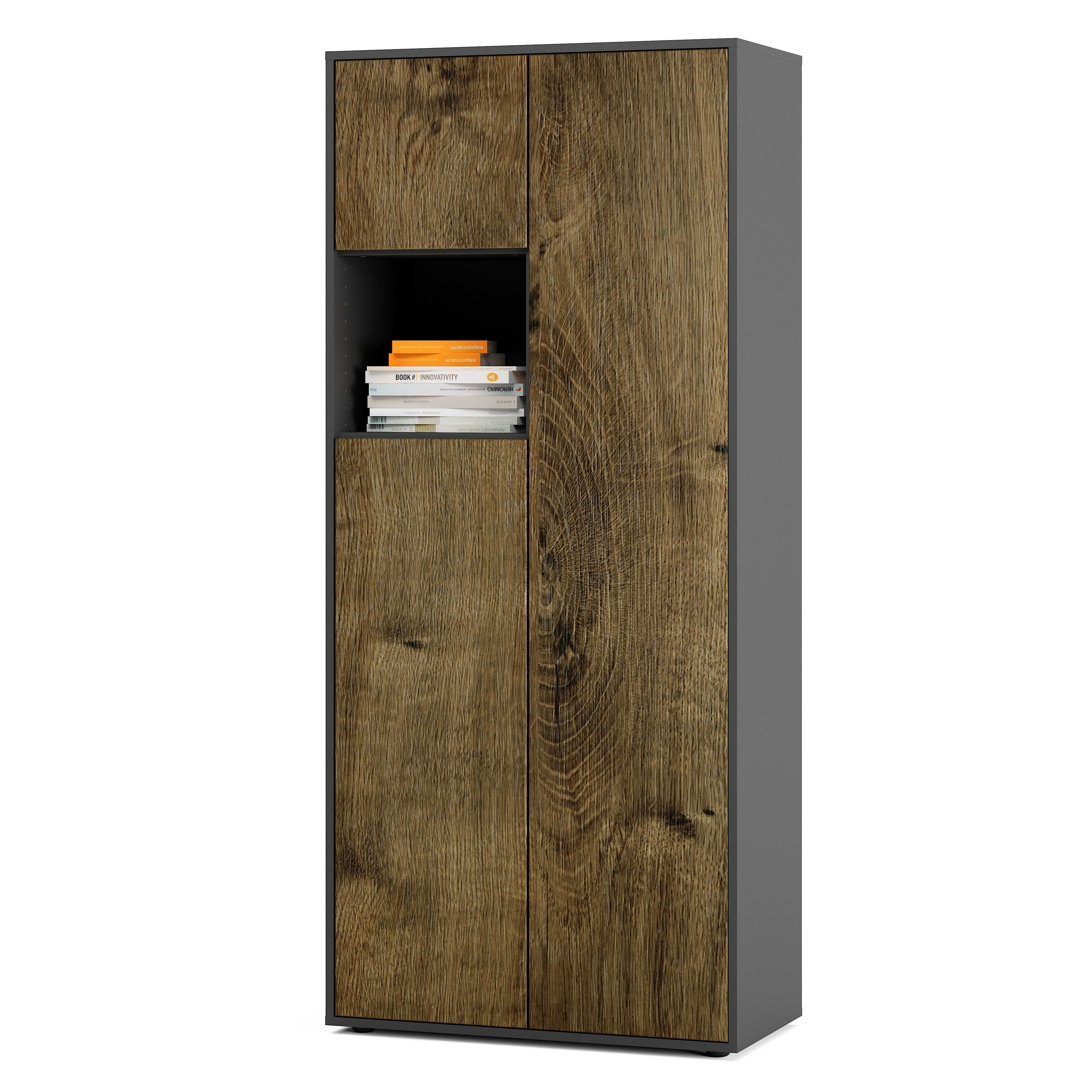 Büroschrank Amira T10, Schrank mit kleinem offenem Fach, Anthrazit Korpus, Fronten in Eiche Ribbeck , Push-to-Open, 180x80x40 cm, Büroschrank mit Ablage für Deko