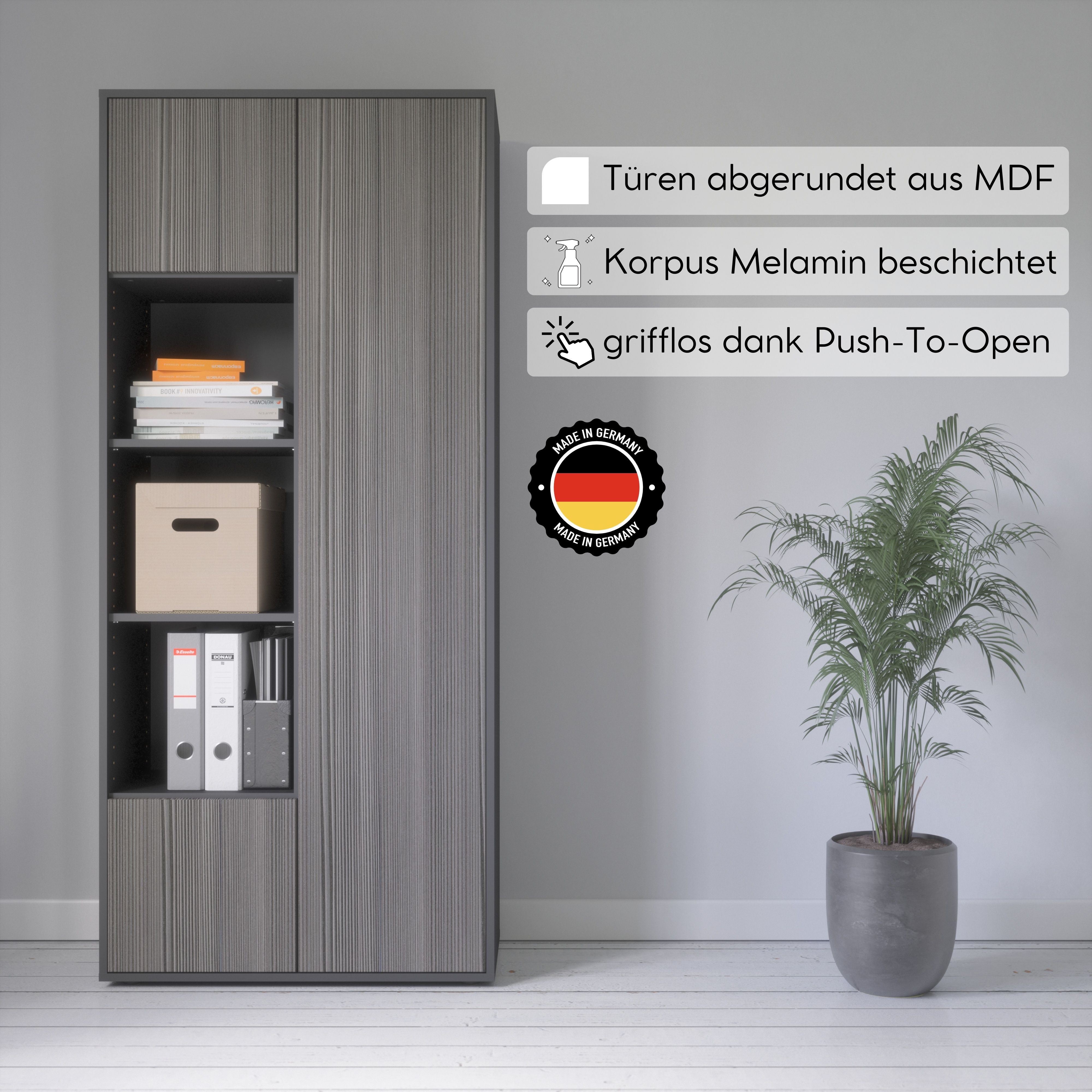 Büroschrank Amira T30, Schrank mit DREI offenen Fächern, Anthrazit Korpus, Fronten in, Push-to-Open, 180x80x40 cm, Moderner Schrank für Büro und Homeoffice