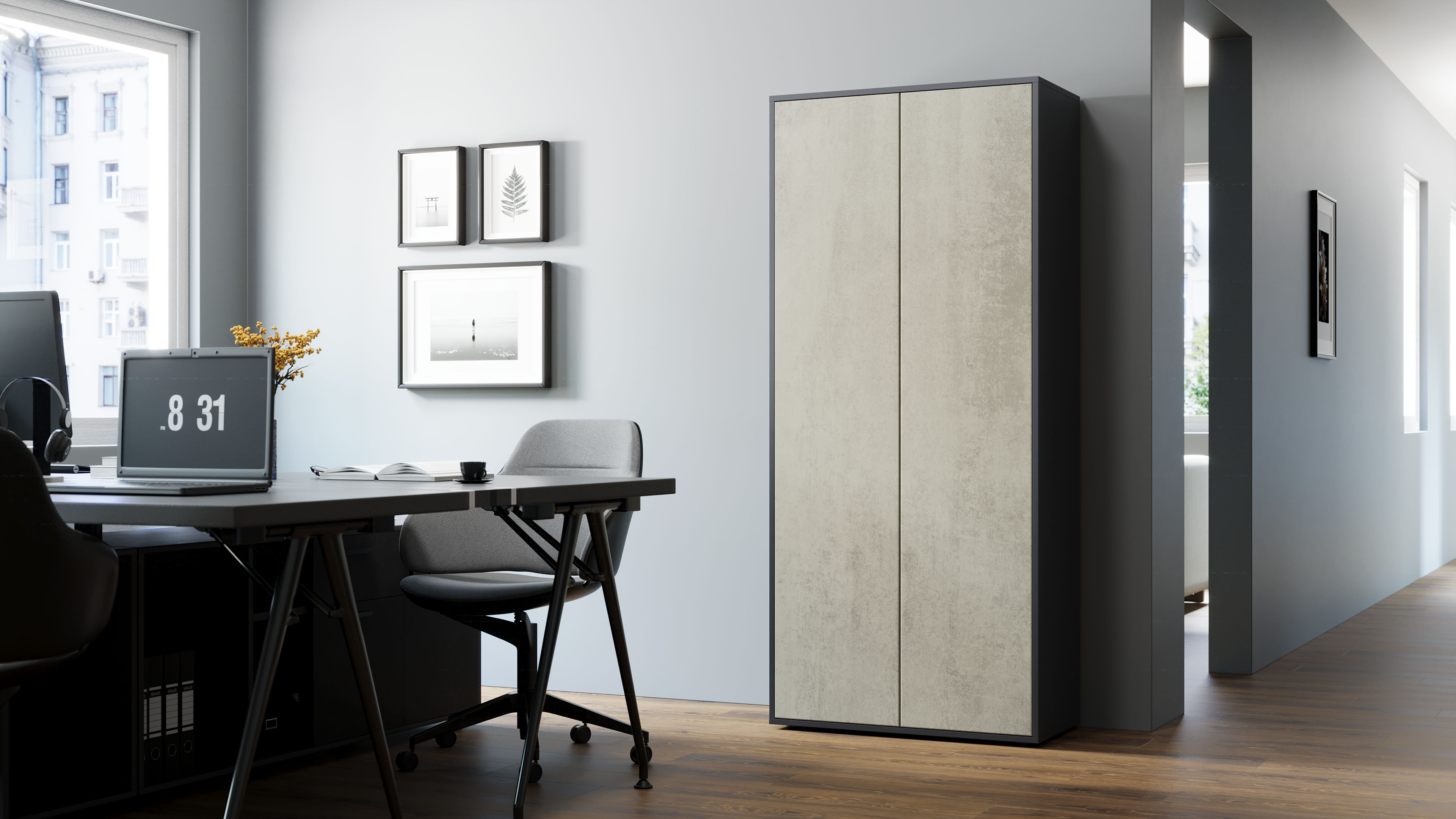 Büroschrank Amira T00, geschlossener Schrank mit 2 großen Türen, Anthrazit Korpus, Fronten in Beton Oxid, Push-to-Open, 180x80x40 cm, Aktenregal für Büro und Homeoffice