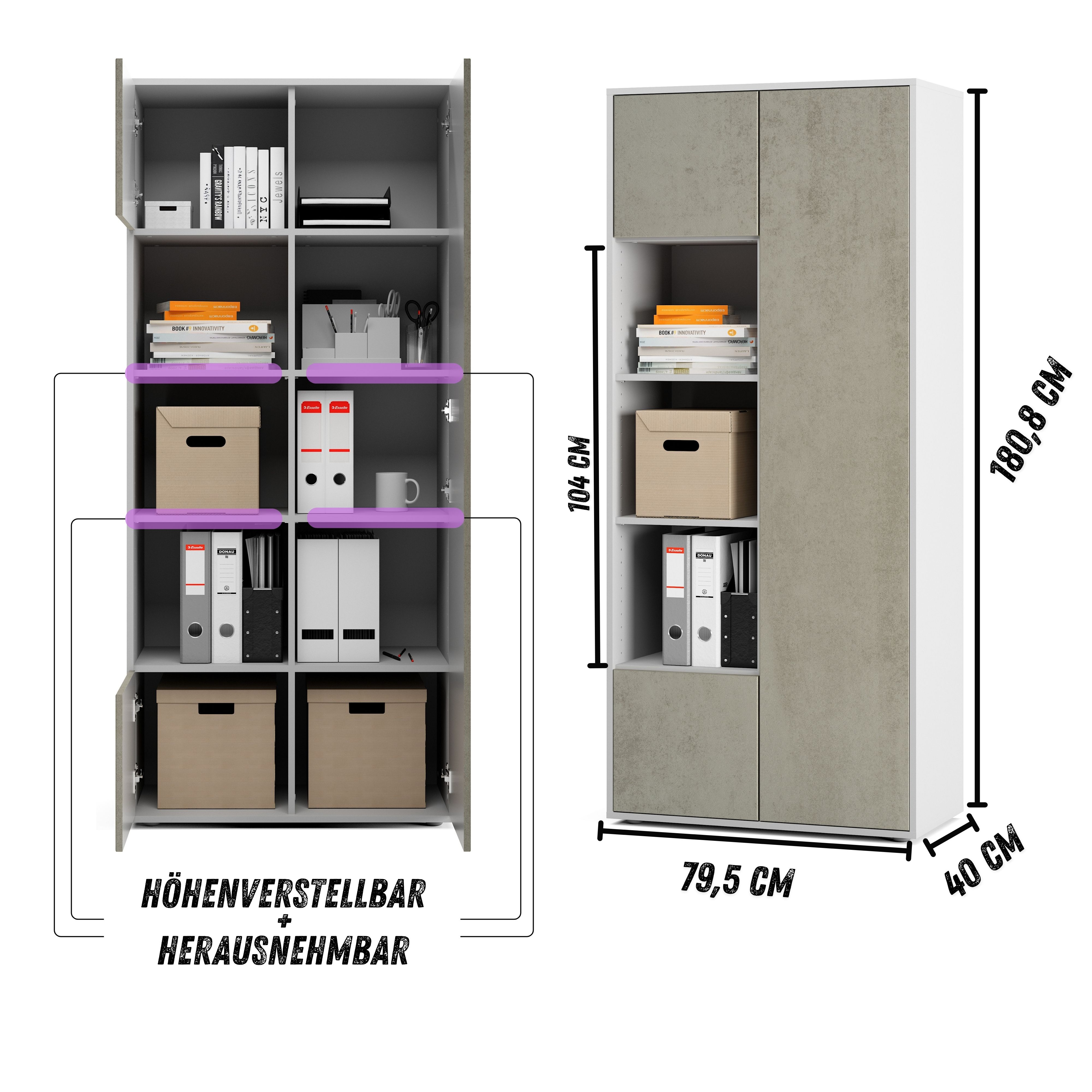 Büroschrank Amira T30 | Aktenschrank & Mehrzweckschrank in Weiß & Beton Oxid | 3 offene Fächer | Push-to-Open | 181x80x40 cm | für Homeoffice & Büro