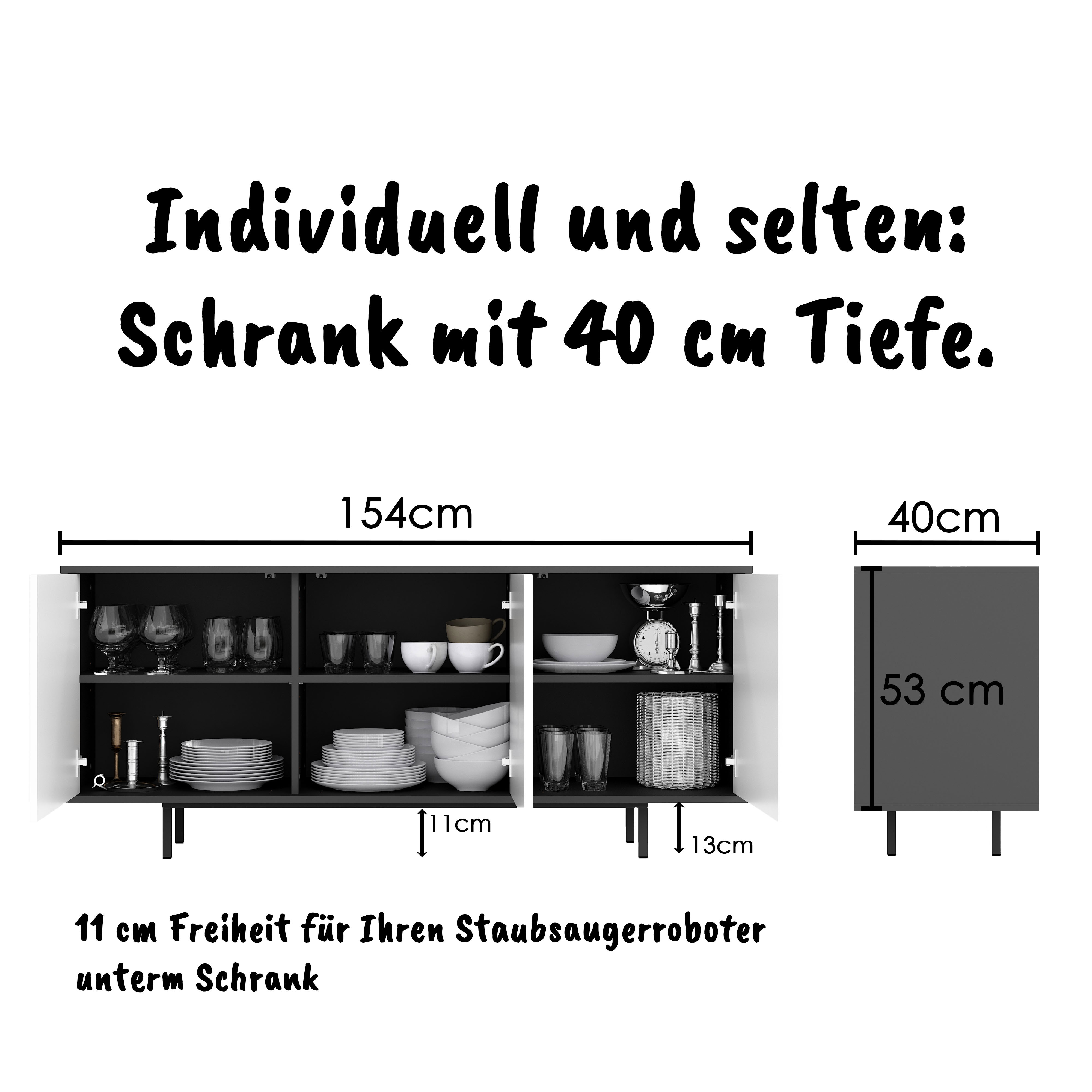 Sideboard Akia Kommode für Wohnzimmer oder Flur in Anthrazit mit Eiche Wotan Türen, 154x40x66 cm, Metallfüße, Push-to-Open, modernes Lowboard mit verstellbaren Einlegeböden