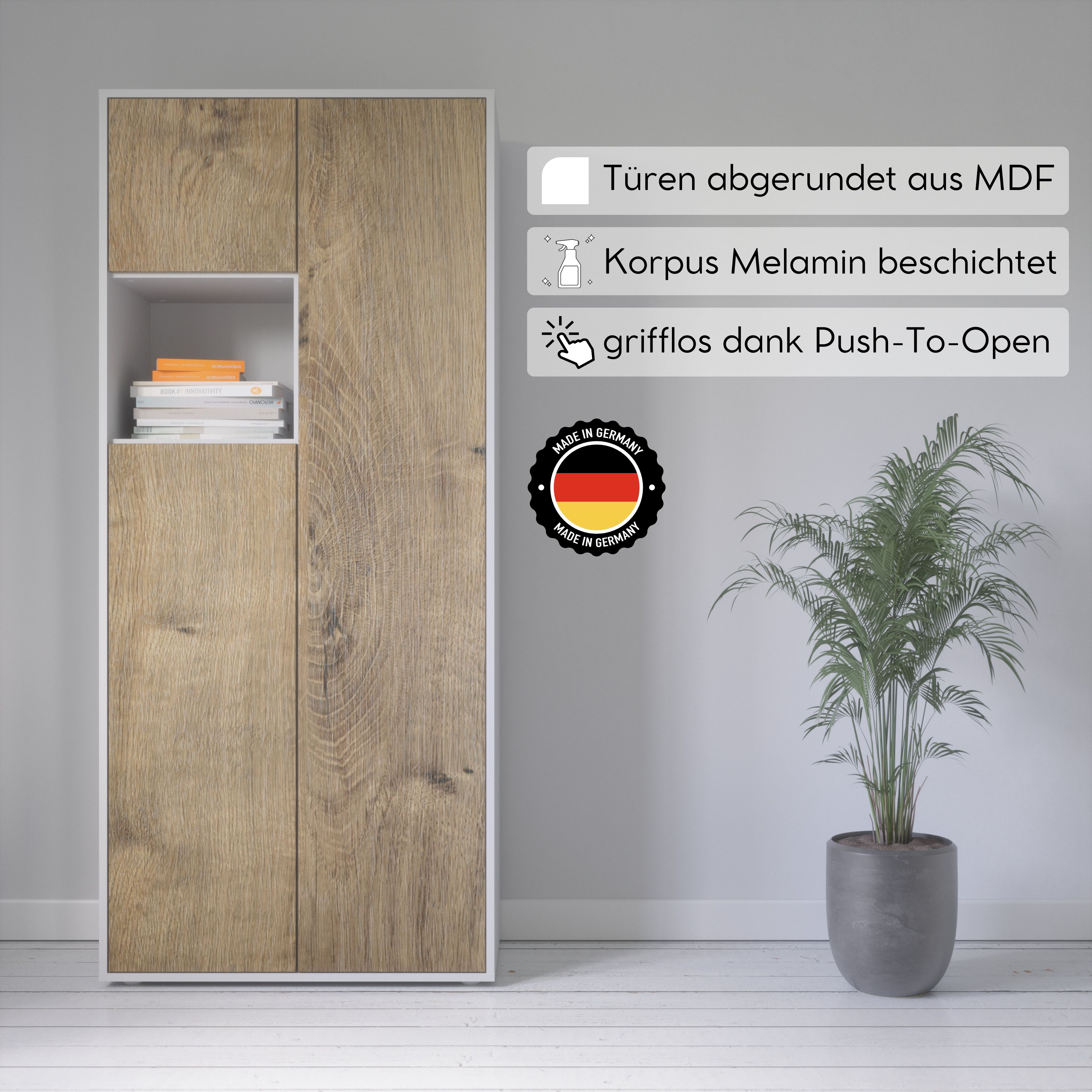 Büroschrank Amira T10 | Aktenschrank & Mehrzweckschrank mit offenem Fach | Weiß & Eiche Ribbeck | Push-to-Open | 180x80x40 cm | Modern für Büro & Homeoffice