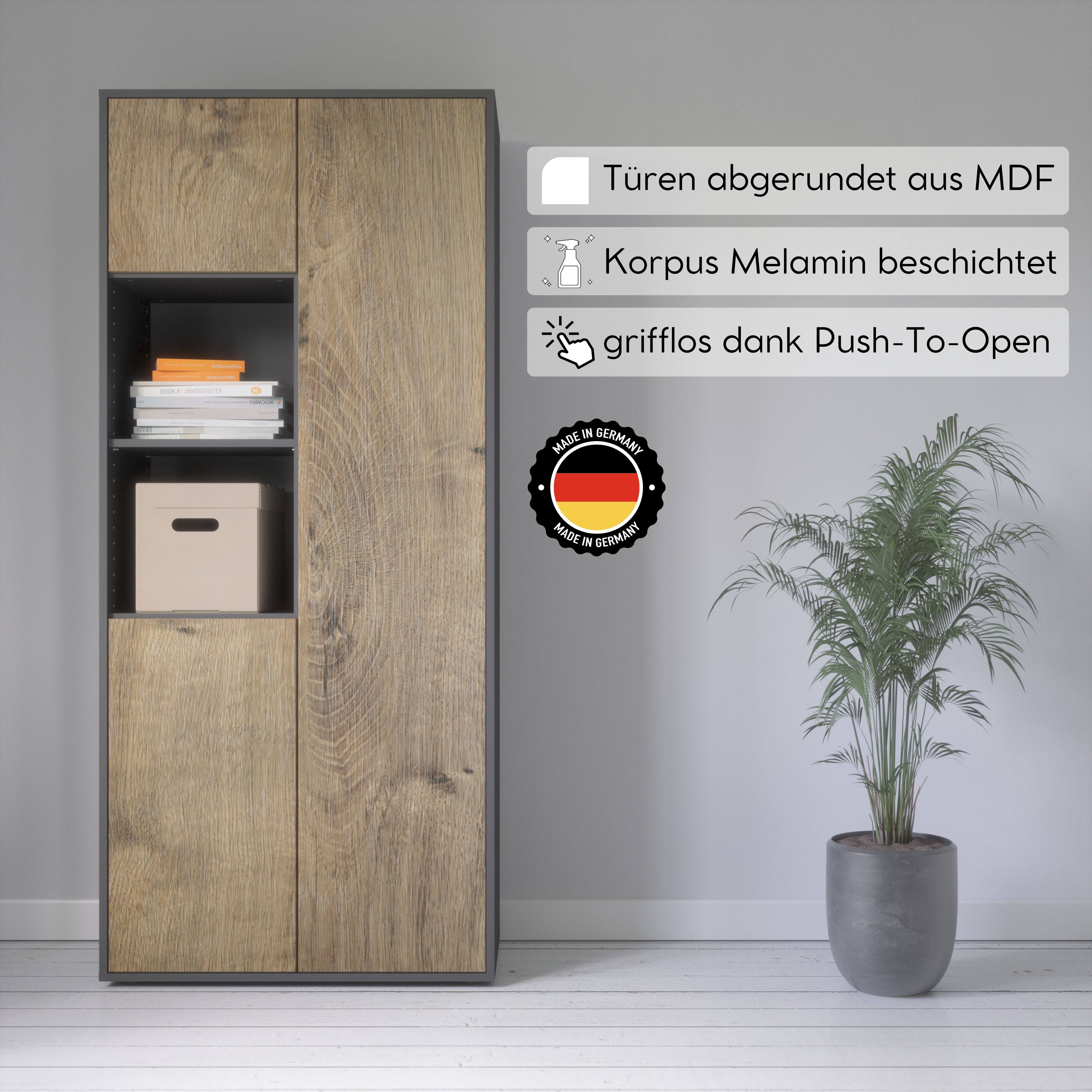 Büroschrank Amira T20, Schrank mit Zwei offenen Fächern, Anthrazit Korpus, Fronten in Eiche Ribbeck , Push-to-Open, 180x80x40 cm, Büroschrank für Büro und Homeoffice