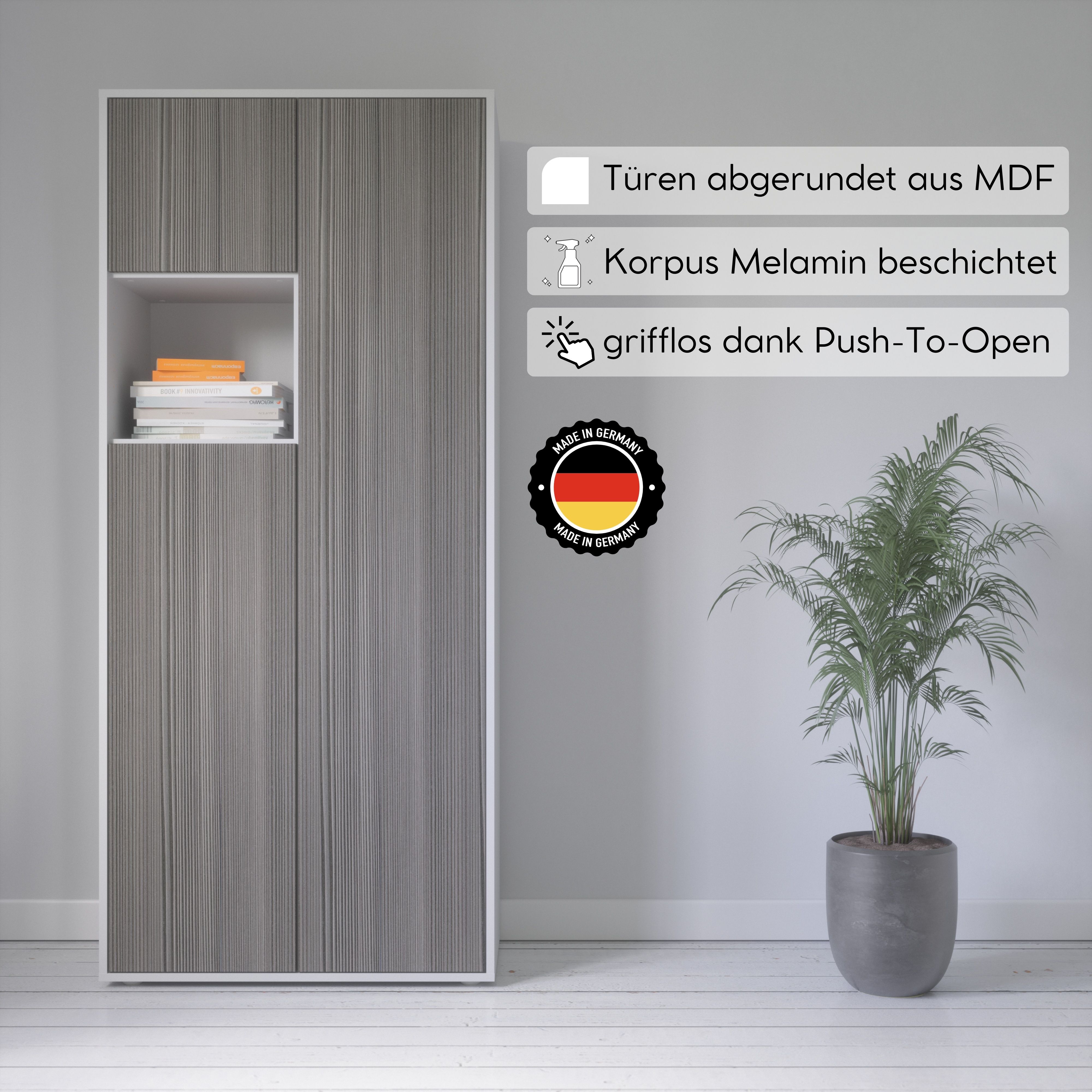 Büroschrank Amira T10 | Aktenschrank & Mehrzweckschrank mit offenem Fach | Weiß & Avola Anthrazit | Push-to-Open | 180x80x40 cm | Modern für Büro & Homeoffice