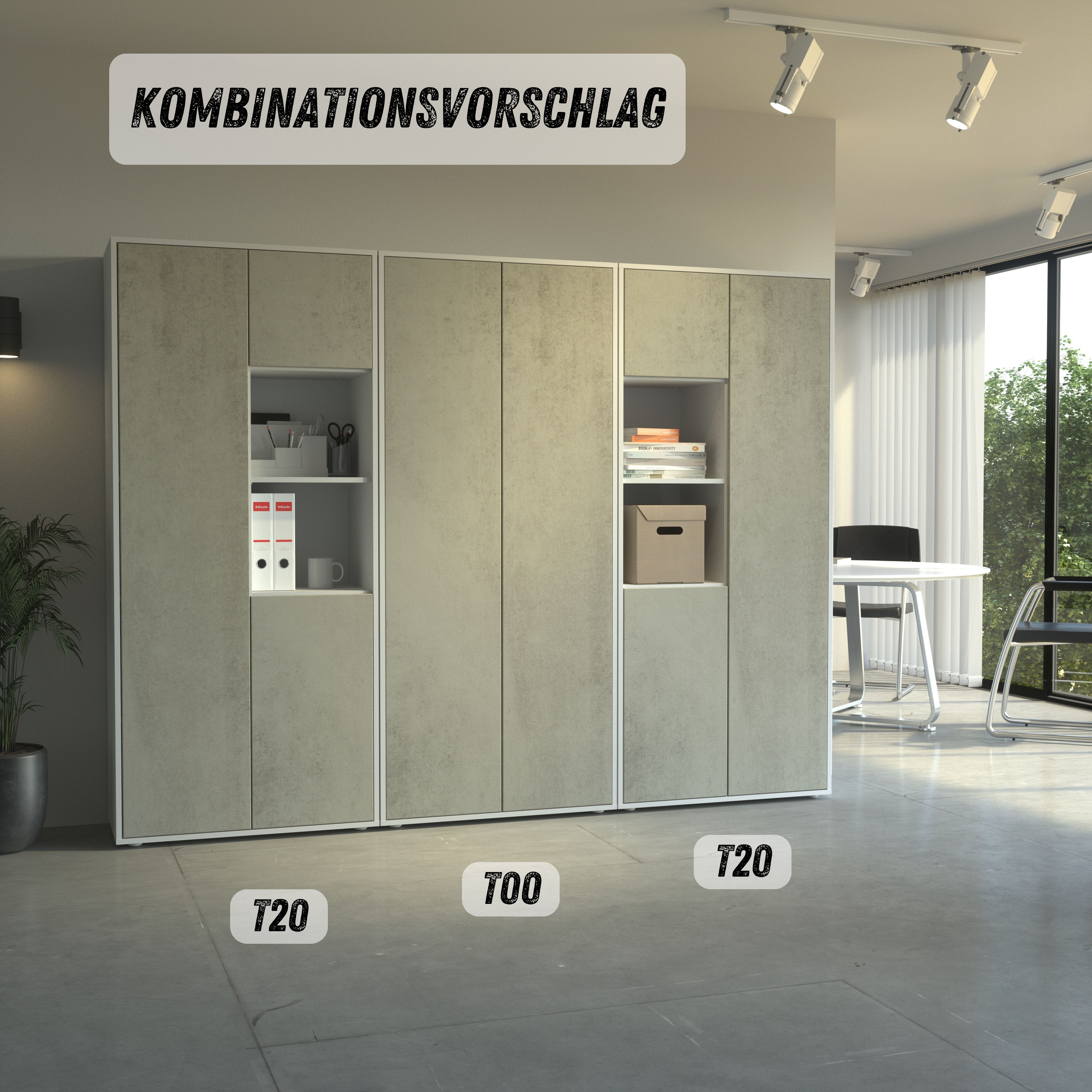 Büroschrank Amira T20 | mit 2 offenen Fächern | Aktenschrank & Mehrzweckschrank in Korpus Weiß & Front Beton Oxid | Push-to-Open | 180x80x40 cm