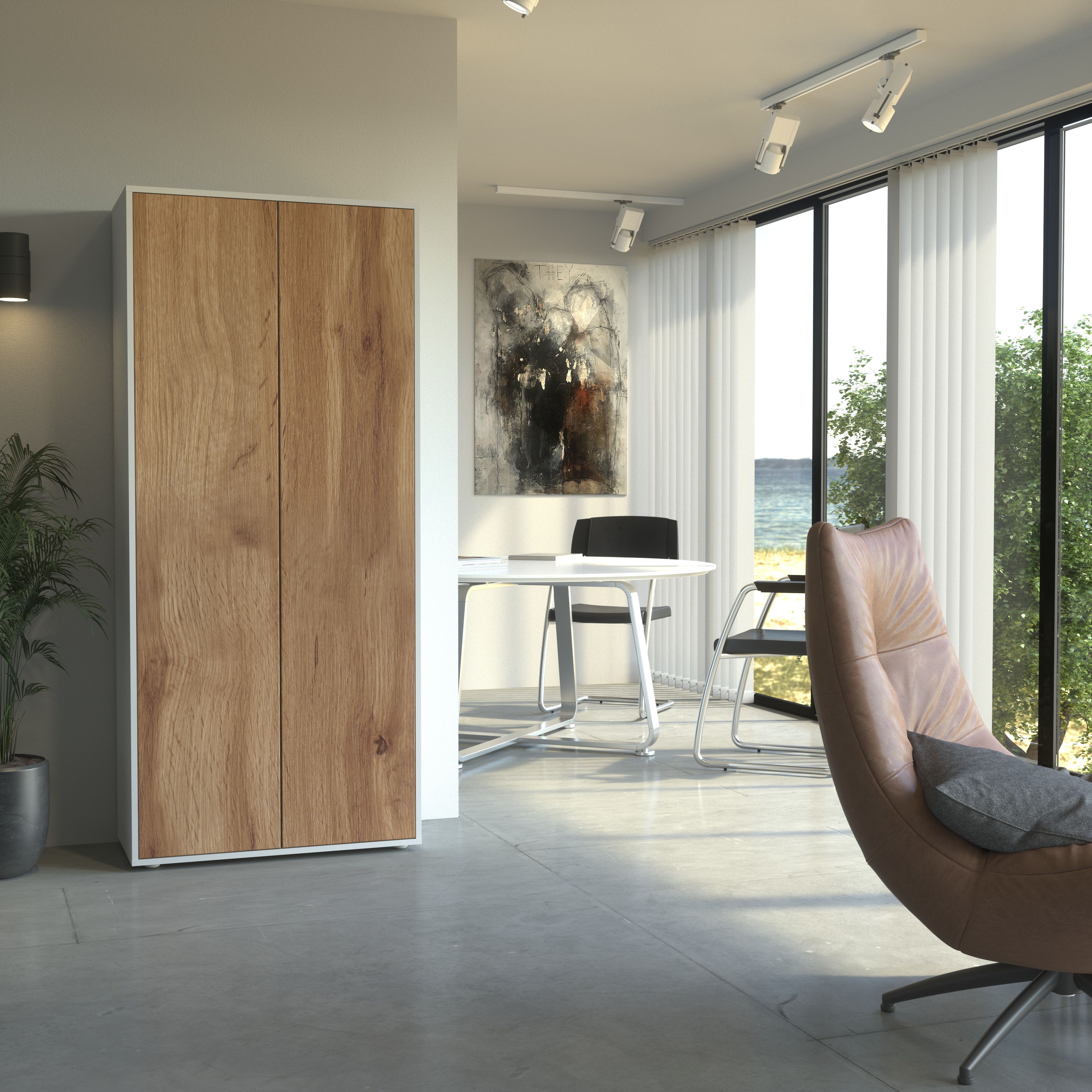Büroschrank Amira T00 | Aktenschrank & Mehrzweckschrank in Weiß & Eiche Wotan | 180x80x40 cm | Push-to-Open für Büro