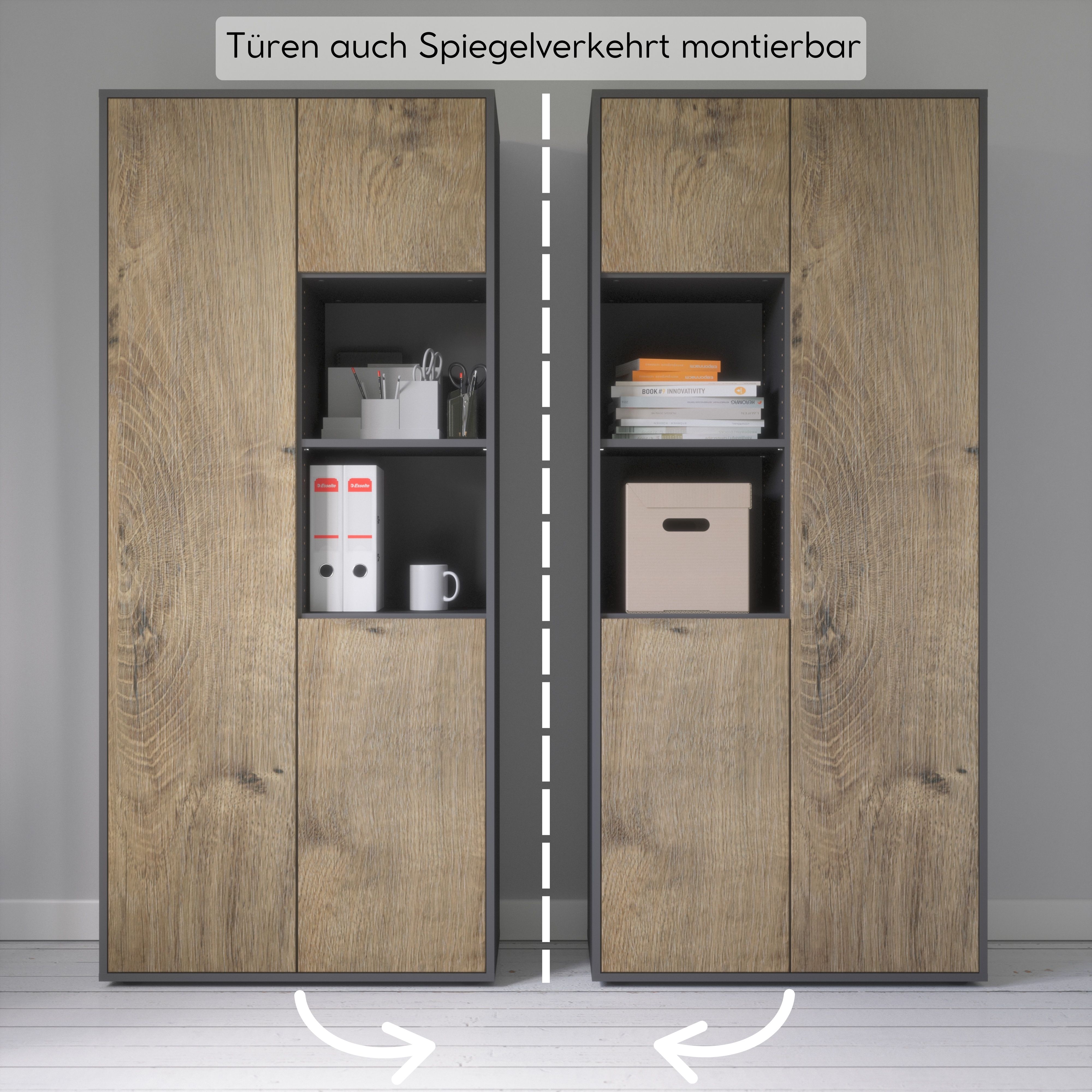 Büroschrank Amira T20, Schrank mit Zwei offenen Fächern, Anthrazit Korpus, Fronten in Eiche Ribbeck , Push-to-Open, 180x80x40 cm, Büroschrank für Büro und Homeoffice